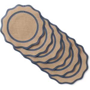 MARTHA STEWART Hessian Textured Wedge Border Placemats 6-Pack Set, 100% Natural Jute & Burlap, Woven Scallop Border Placemat, Natural/Mustard Yellow, 15”x15” Round(Natural/Navy Blue)