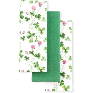 Martha Stewart Clover Meadow Kitchen Towel Set 3-Pack, Absorbent 100% Cotton, St. Patrick’s Day, White/Green, 13″x17.5″