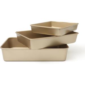 Martha Stewart Gallen 3-Piece Baking Pan Set – 13″, 15″, 17″ Baking Pans, Ceramic Nonstick, PFA-Free, Carbon Steel, Champagne – Oven Safe to 450°F, Warp-Resistant, Easy to Clean – Taupe