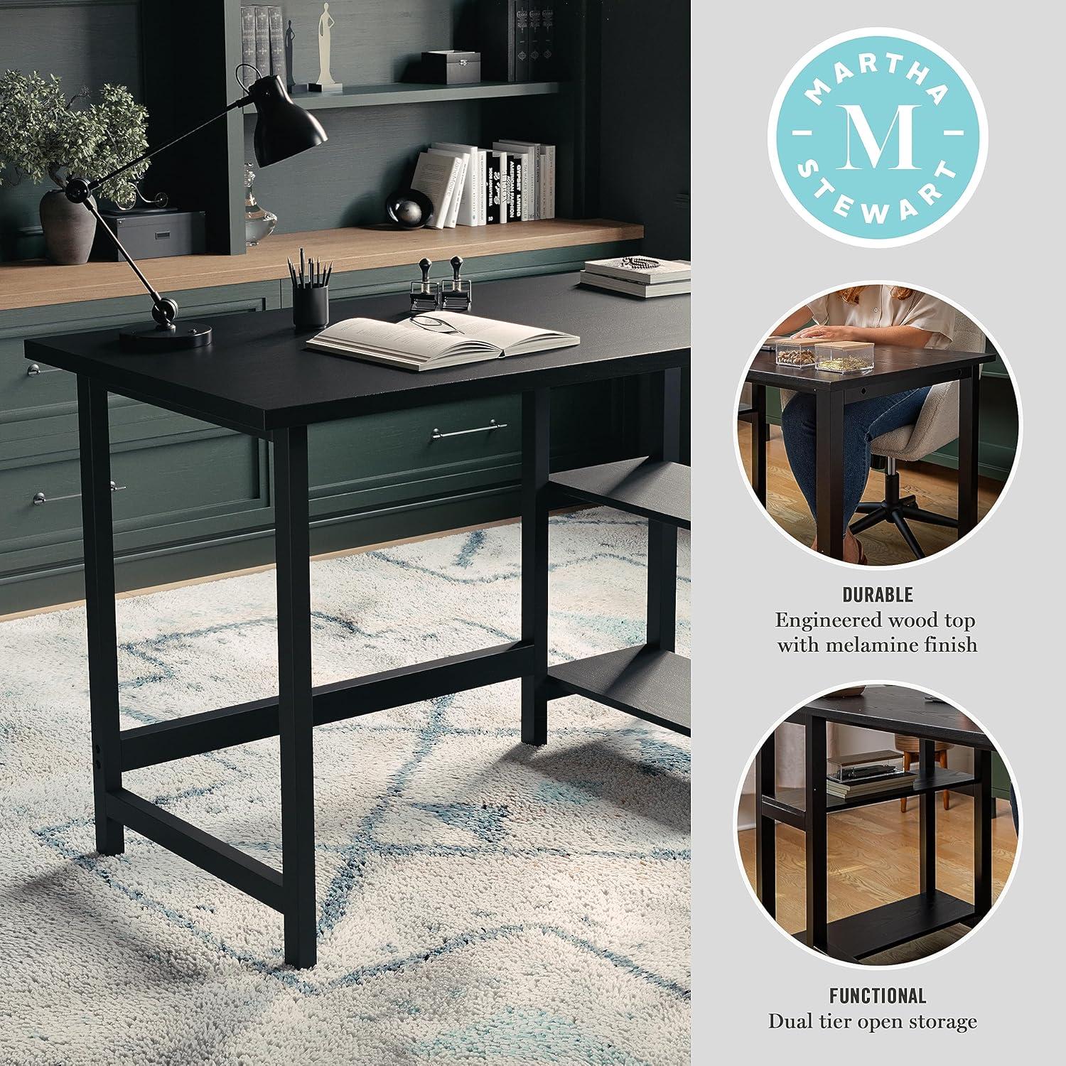 imageMartha Stewart Beckett Modern Trestle Desk with Open Side Shelving in Black Wood Grain FinishBlack Wood Grain