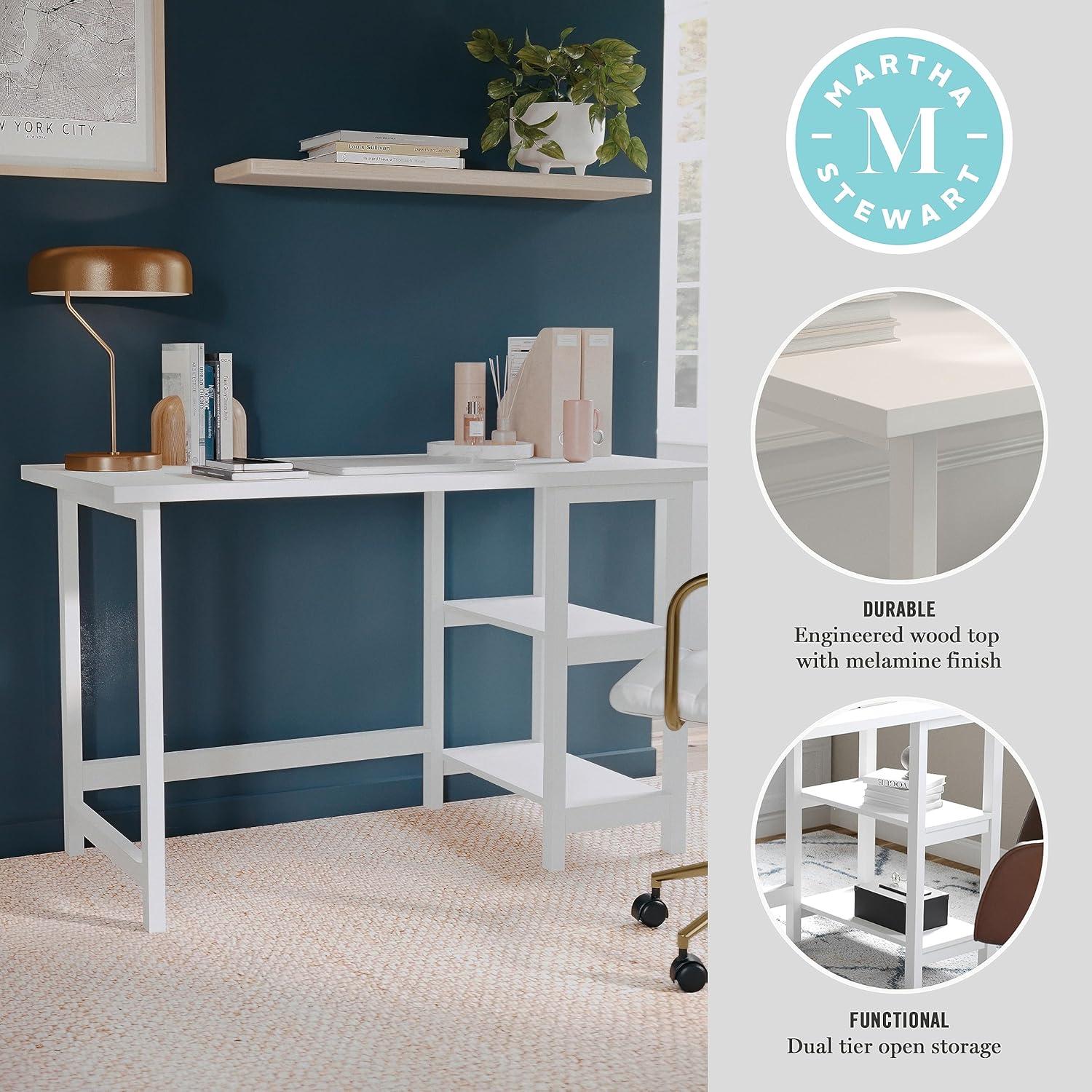 imageMartha Stewart Beckett Modern Trestle Desk with Open Side Shelving in Black Wood Grain FinishWhite Wood Grain