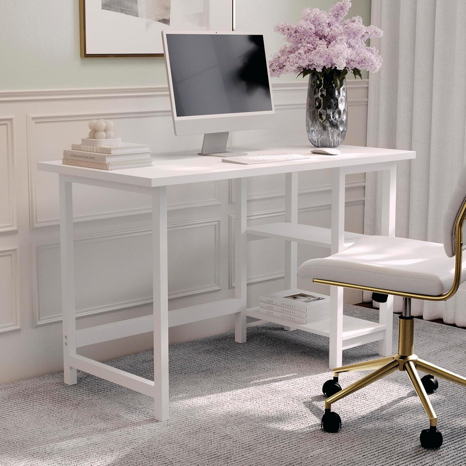 imageMartha Stewart Beckett Modern Trestle Desk with Open Side Shelving in Black Wood Grain FinishWhite Wood Grain
