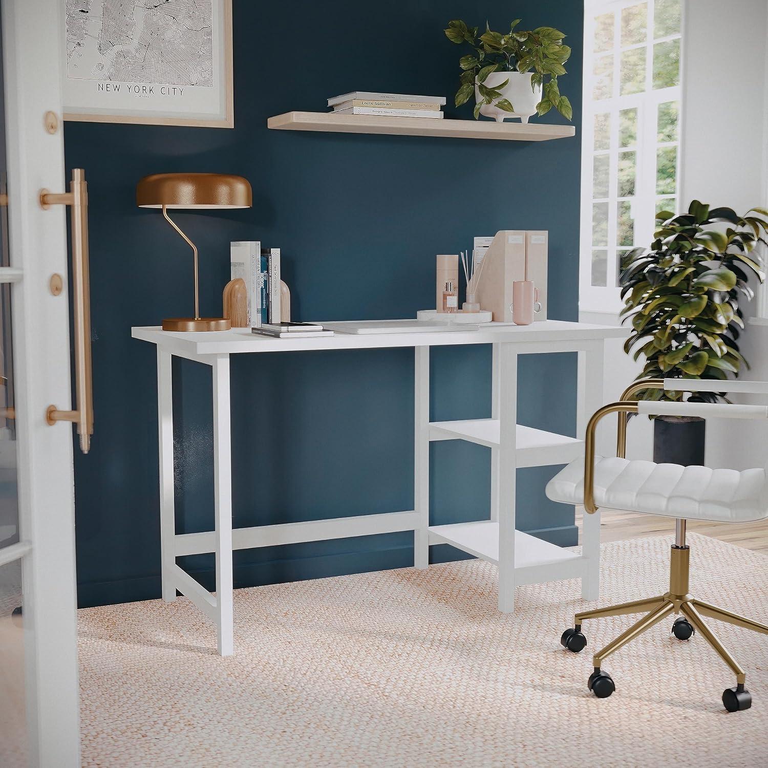 imageMartha Stewart Beckett Modern Trestle Desk with Open Side Shelving in Black Wood Grain FinishWhite Wood Grain