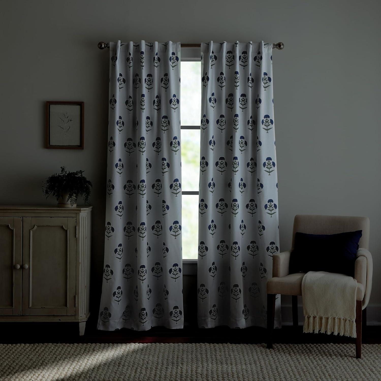 imageMartha Stewart Blue and White Floral Blackout Window Curtains for Living Room or Bedroom 37 x 84 Set of 2 Block Print FlowersBlue