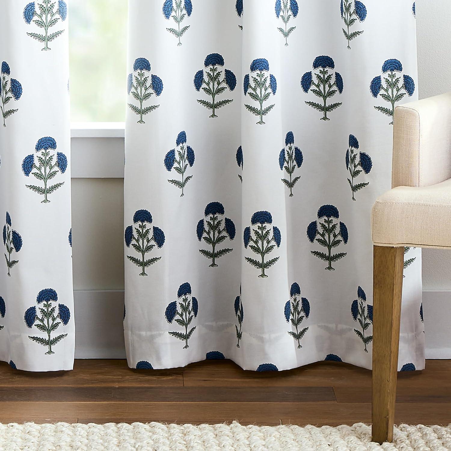 imageMartha Stewart Blue and White Floral Blackout Window Curtains for Living Room or Bedroom 37 x 84 Set of 2 Block Print FlowersBlue