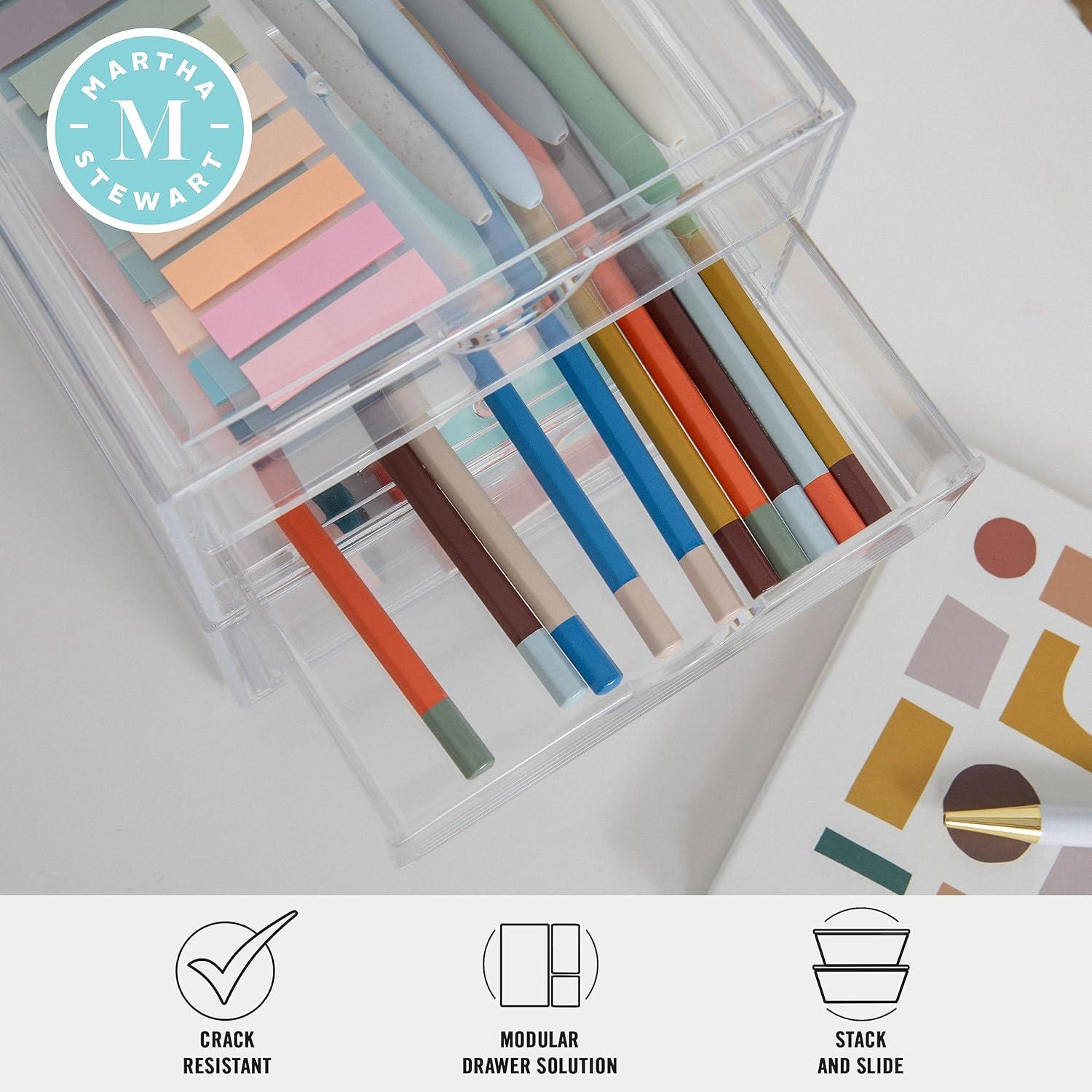 imageMartha Stewart Brody 2 Pack Desk Organizers Single Drawer Box and 2 Drawer Box Stackable Plastic Storage for Office Bathroom Countertop Dorm 6 x 75 Clear
