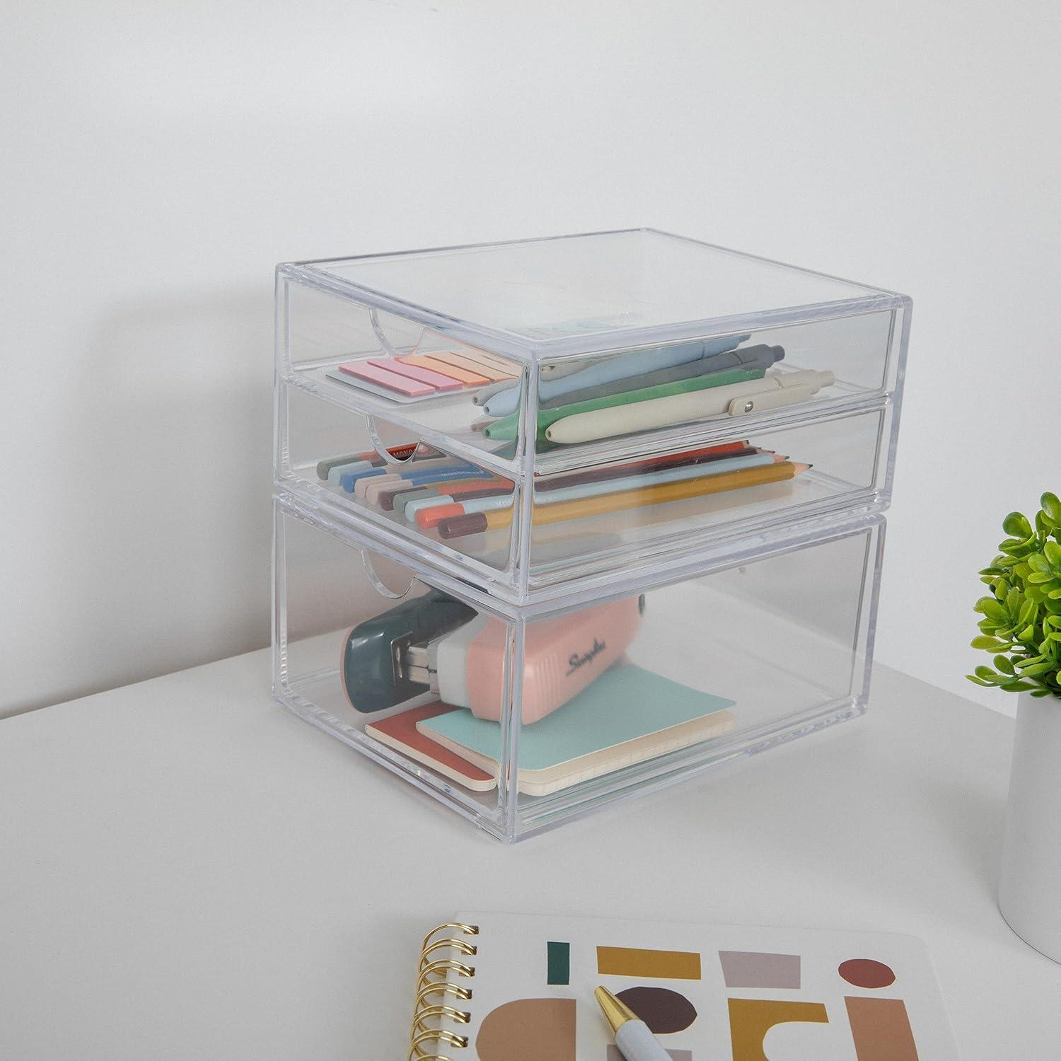 imageMartha Stewart Brody 2 Pack Desk Organizers Single Drawer Box and 2 Drawer Box Stackable Plastic Storage for Office Bathroom Countertop Dorm 6 x 75 Clear