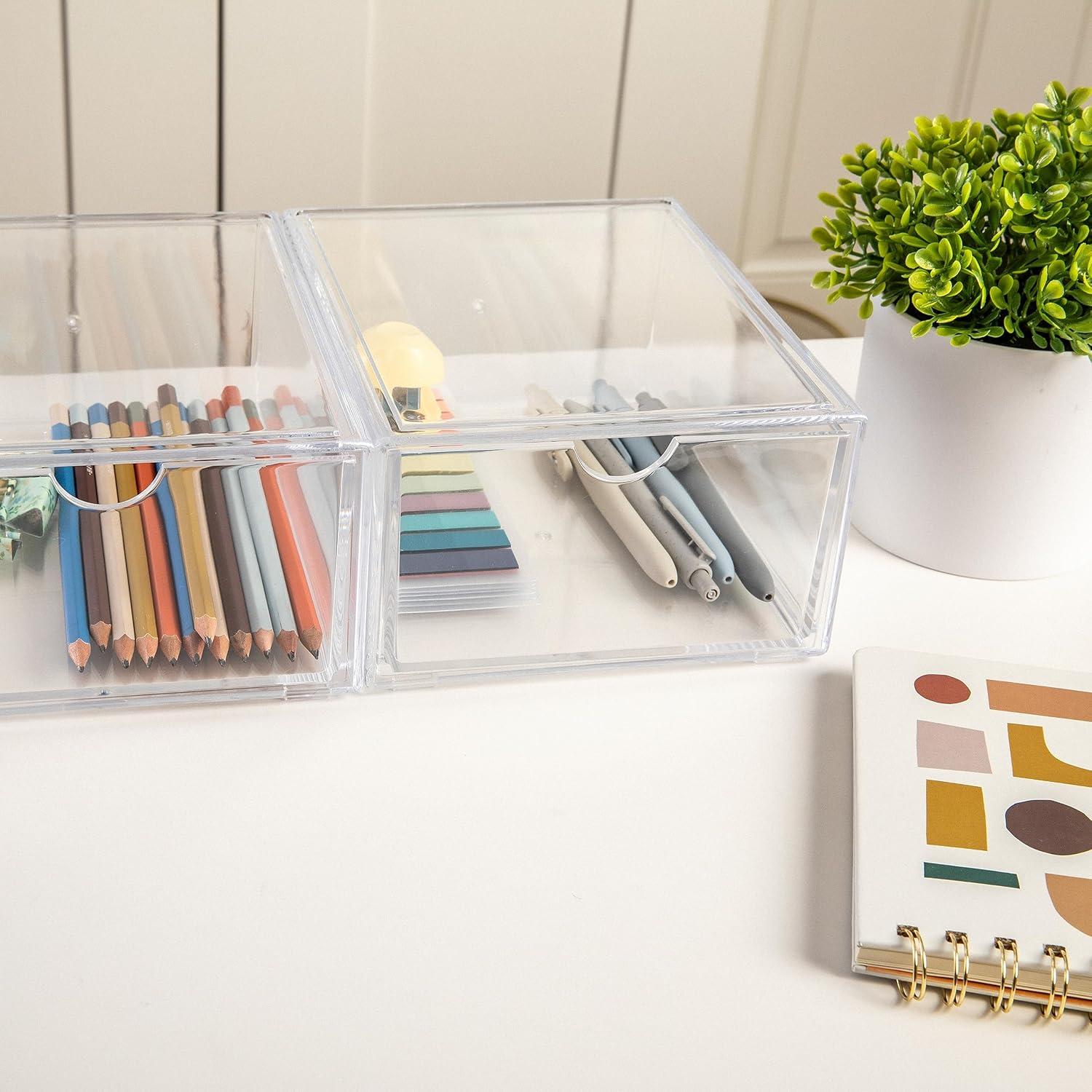 imageMartha Stewart Brody Desk Organizer with Drawer Stackable Plastic Desk Storage Box Organizer for Office Bathroom Countertop or Dorm 6 x 75 2 Pack Clear6 x 75