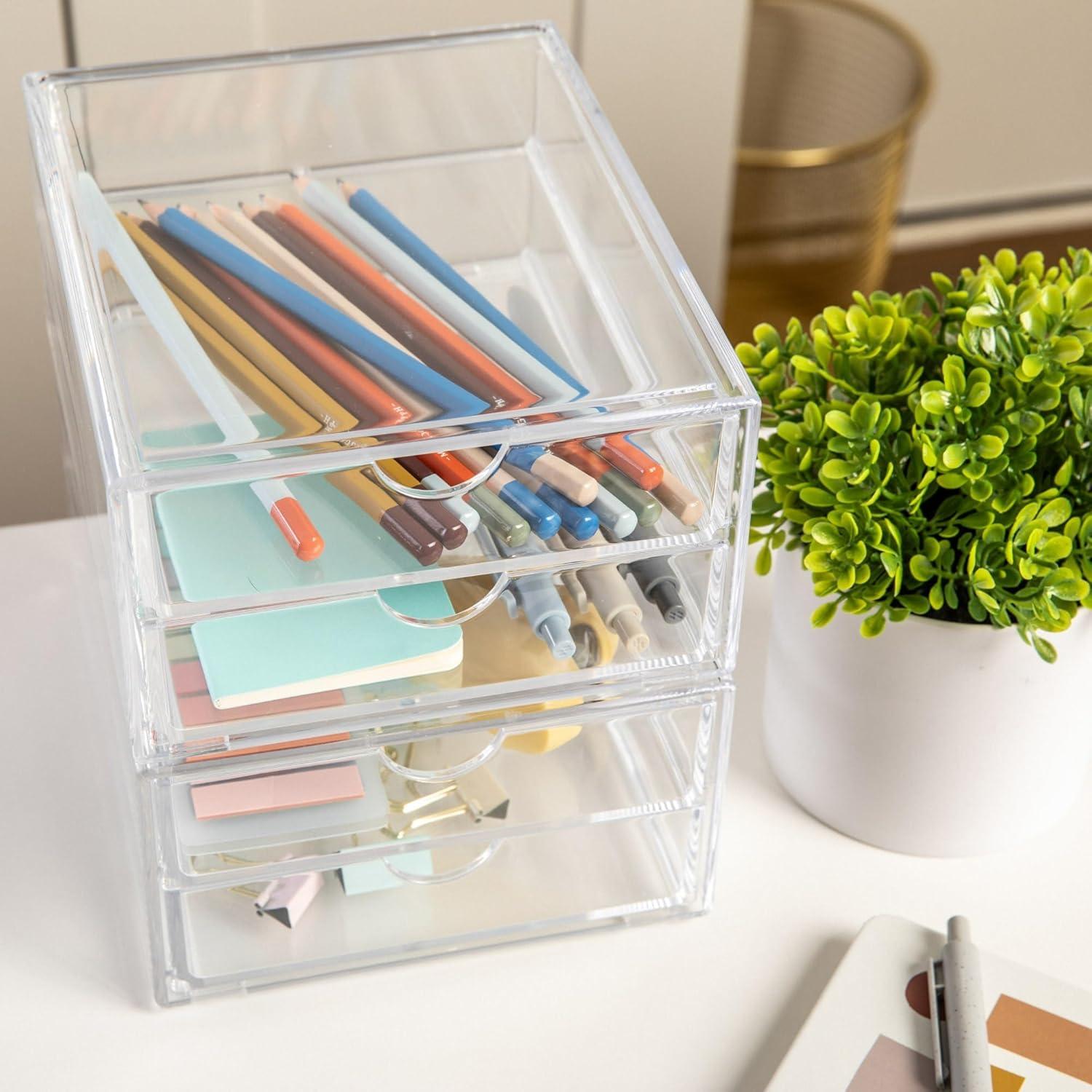 imageMartha Stewart Brody Desk Organizer with Drawer Stackable Plastic Desk Storage Box Organizer for Office Bathroom Countertop or Dorm 6 x 75 2 Pack Clear6 x 75
