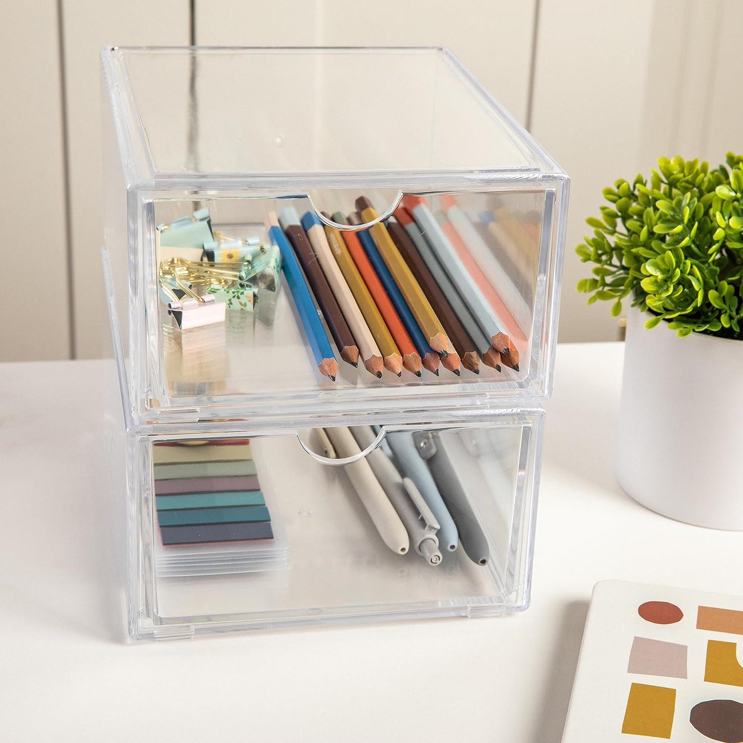 imageMartha Stewart Brody Desk Organizer with Drawer Stackable Plastic Desk Storage Box Organizer for Office Bathroom Countertop or Dorm 6 x 75 2 Pack Clear6 x 75