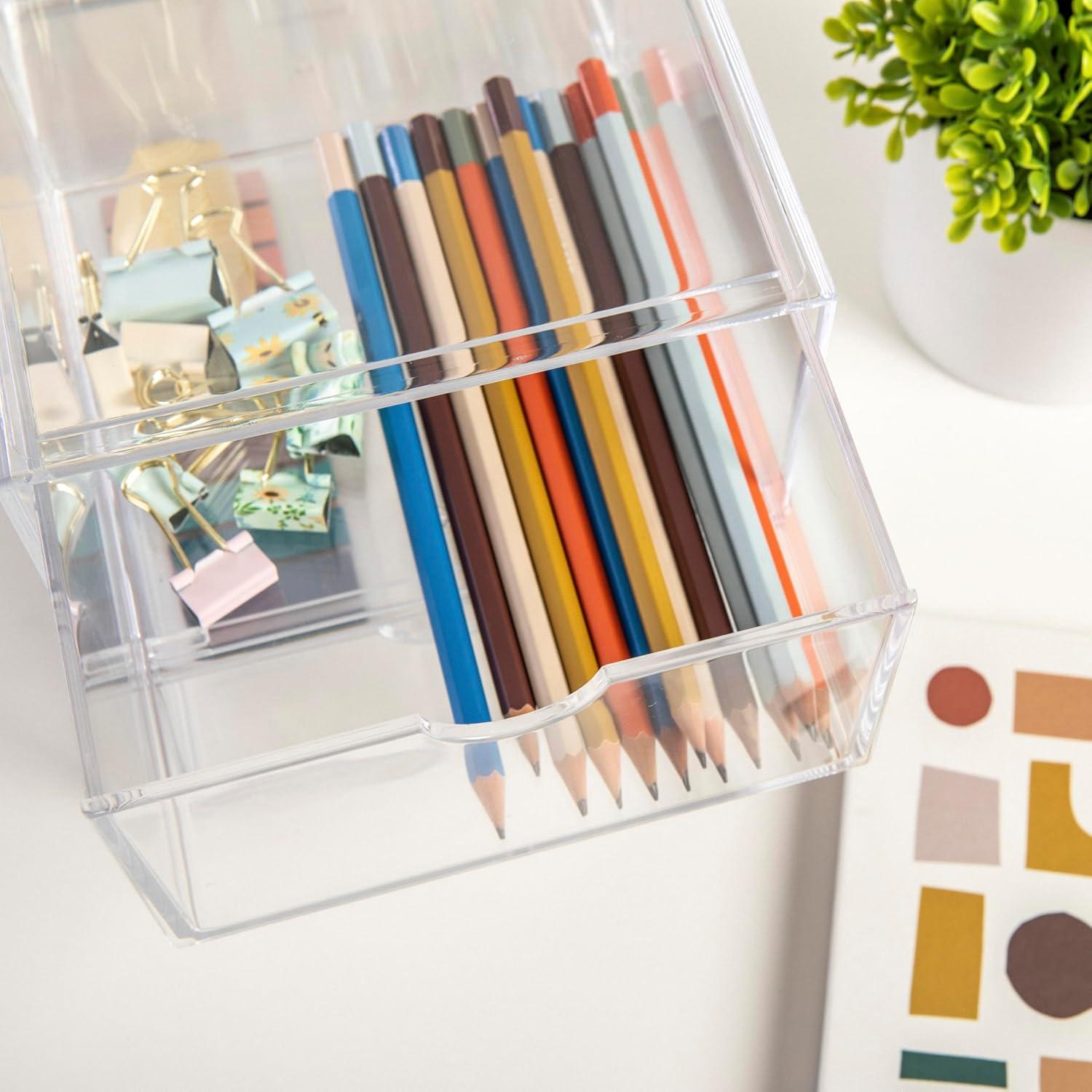 imageMartha Stewart Brody Desk Organizer with Drawer Stackable Plastic Desk Storage Box Organizer for Office Bathroom Countertop or Dorm 6 x 75 2 Pack Clear6 x 75