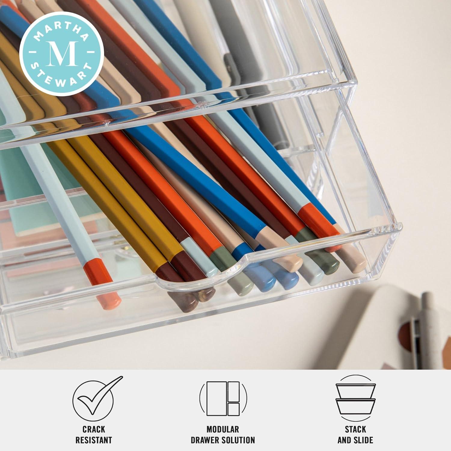 imageMartha Stewart Brody Desk Organizer with Drawer Stackable Plastic Desk Storage Box Organizer for Office Bathroom Countertop or Dorm 6 x 75 2 Pack Clear6 x 75
