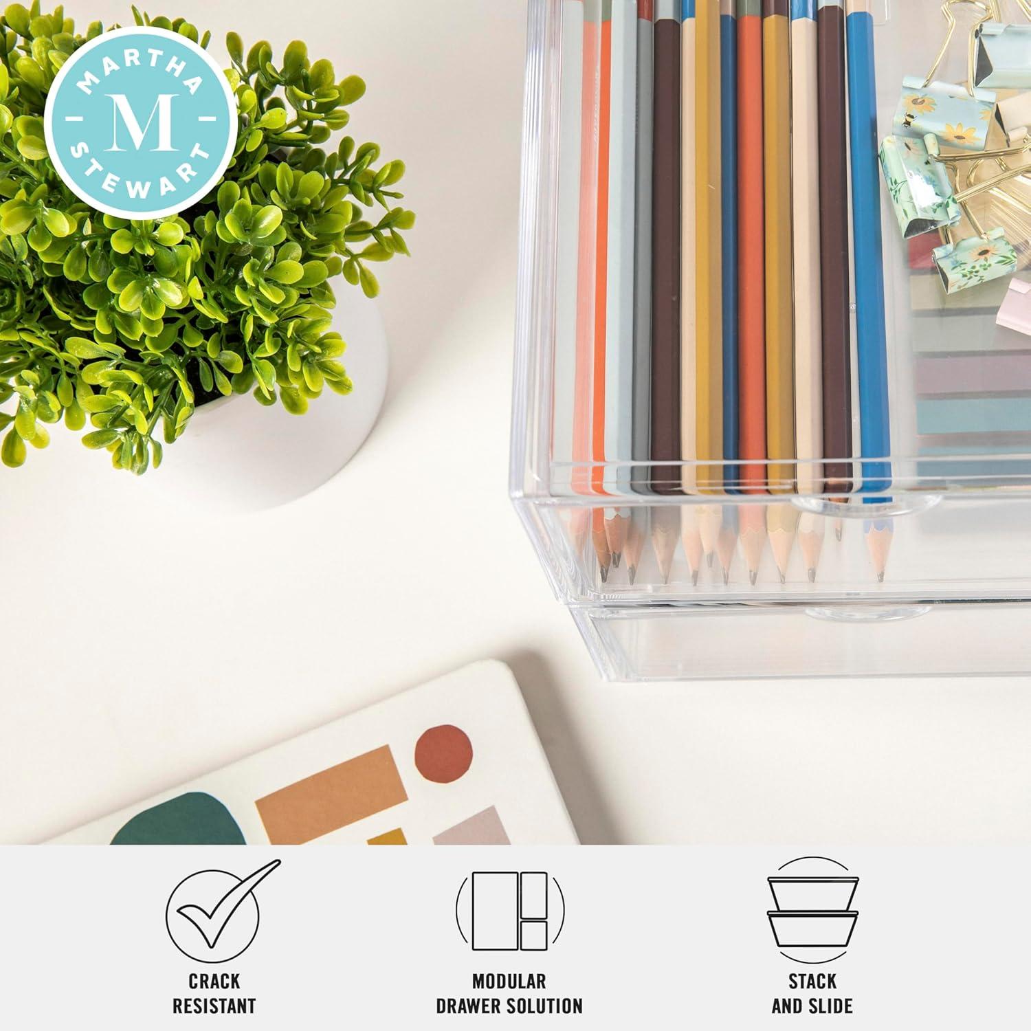 imageMartha Stewart Brody Desk Organizer with Drawer Stackable Plastic Desk Storage Box Organizer for Office Bathroom Countertop or Dorm 6 x 75 2 Pack Clear6 x 75