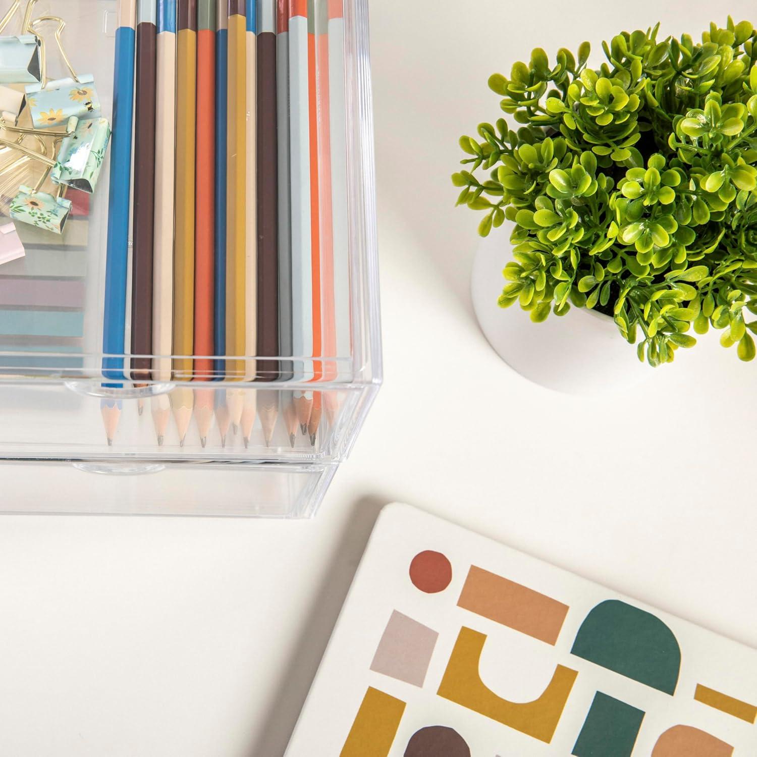 imageMartha Stewart Brody Desk Organizer with Drawer Stackable Plastic Desk Storage Box Organizer for Office Bathroom Countertop or Dorm 6 x 75 2 Pack Clear6 x 75
