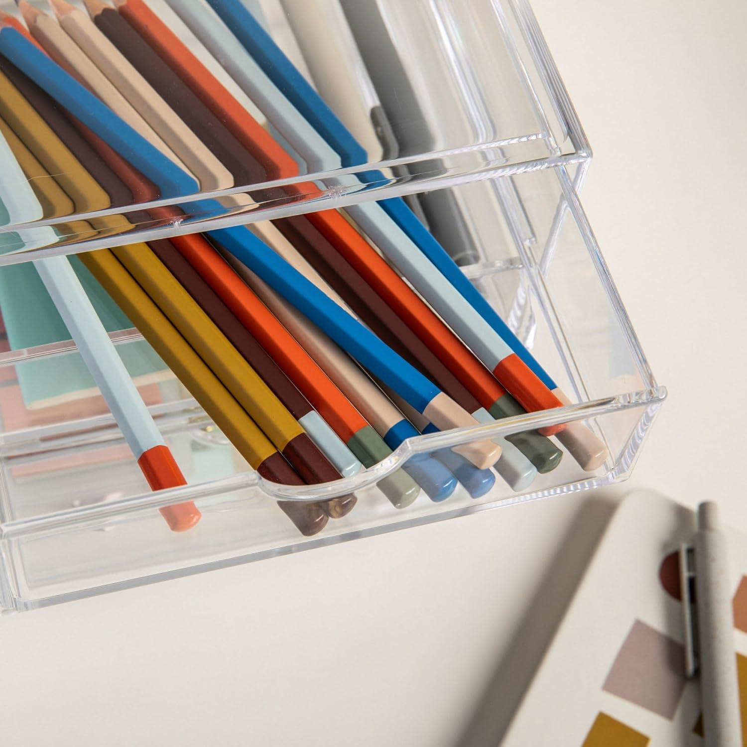 imageMartha Stewart Brody Desk Organizer with Drawer Stackable Plastic Desk Storage Box Organizer for Office Bathroom Countertop or Dorm 6 x 75 2 Pack Clear6 x 75