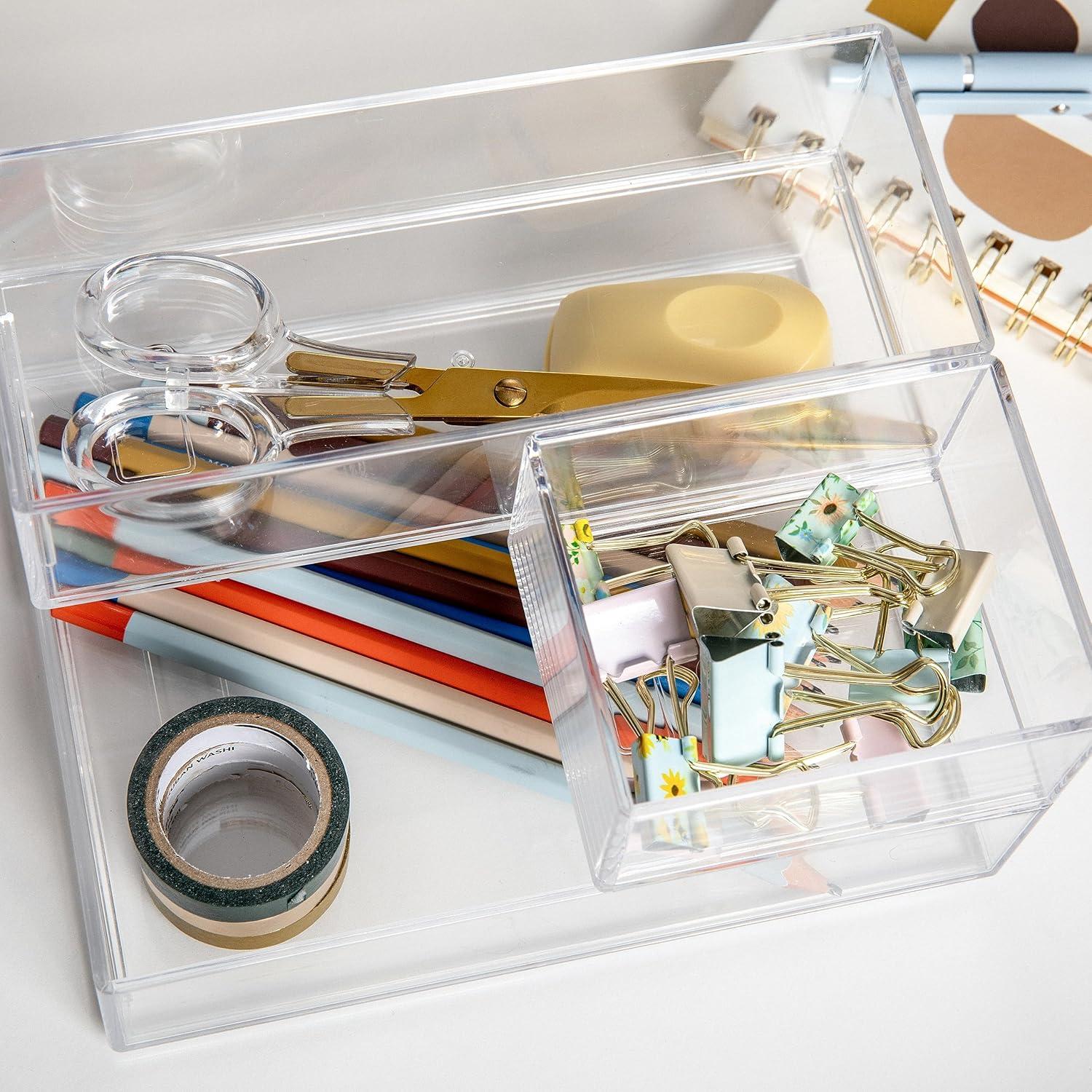 imageMartha Stewart Brody Desktop Storage Organizer Stack and Slide Plastic Organizer Tray Organizer for Office Kitchen or Vanity 3 x 375 Clear3 x 375 1 3 x 75 1 75 x 625 1
