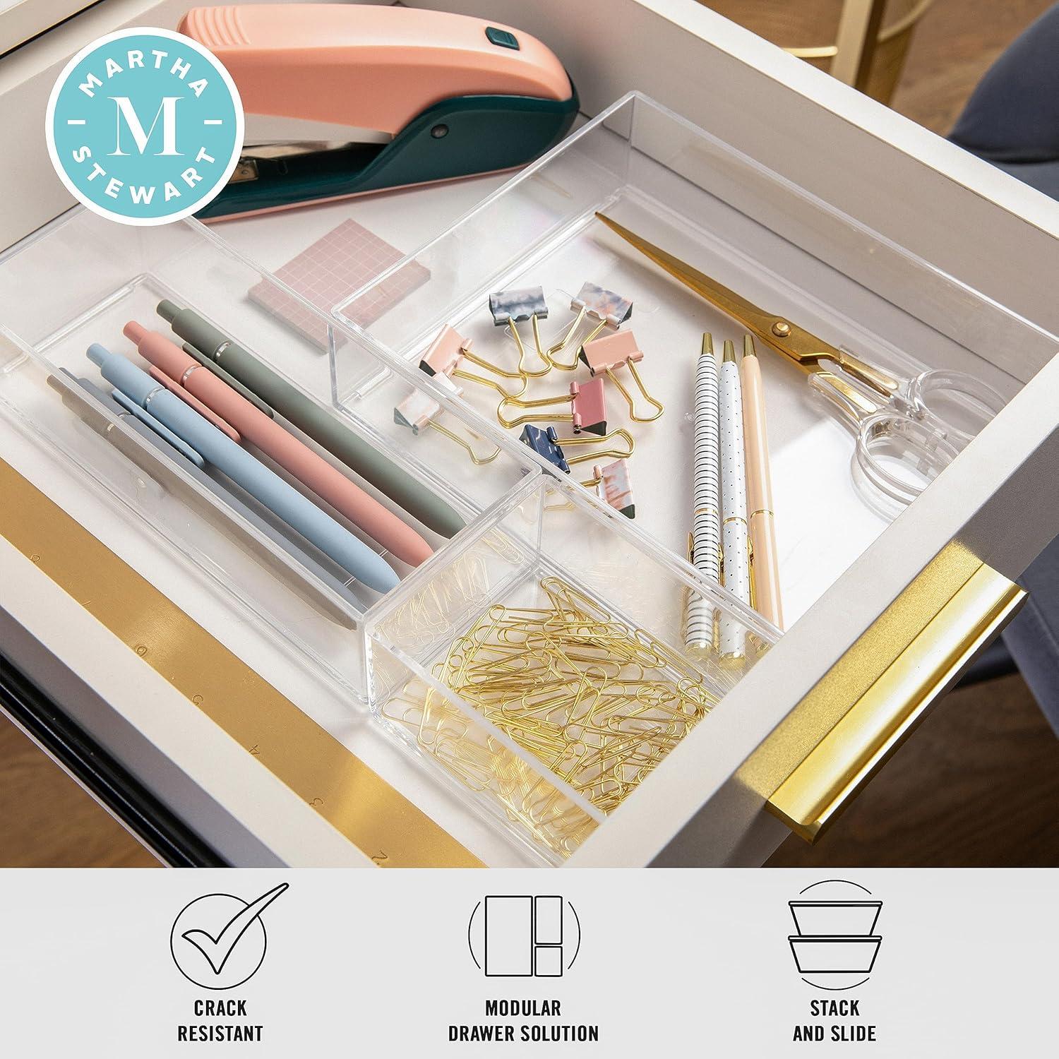 imageMartha Stewart Brody Desktop Storage Organizer Stack and Slide Plastic Organizer Tray Organizer for Office Kitchen or Vanity 3 x 375 Clear3 x 375 1 3 x 75 1 75 x 625 1