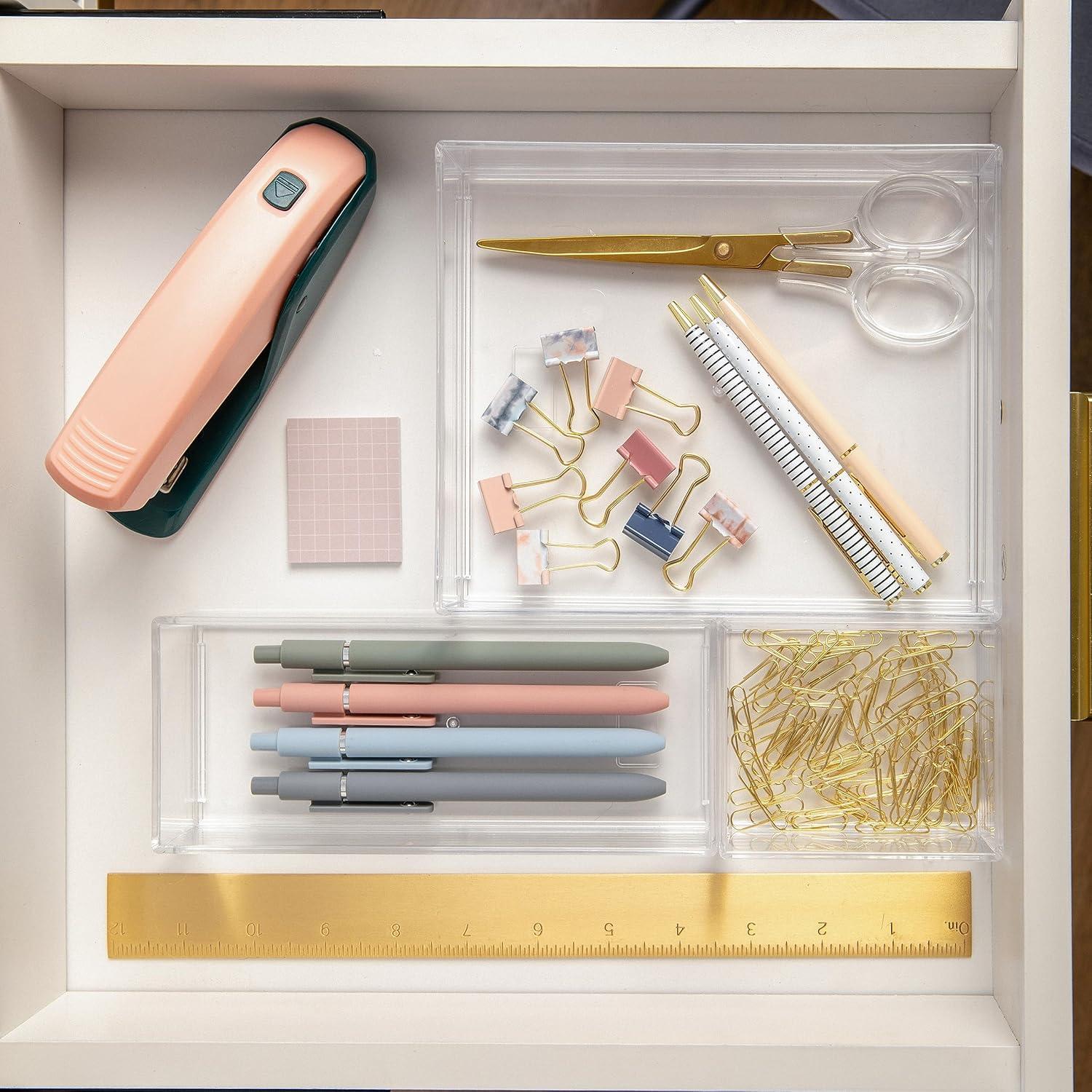 imageMartha Stewart Brody Desktop Storage Organizer Stack and Slide Plastic Organizer Tray Organizer for Office Kitchen or Vanity 3 x 375 Clear3 x 375 1 3 x 75 1 75 x 625 1