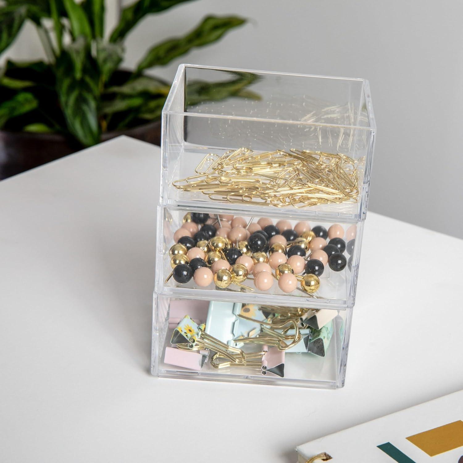 imageMartha Stewart Brody Desktop Storage Organizer Stack and Slide Plastic Organizer Tray Organizer for Office Kitchen or Vanity 3 x 375 Clear3 x 375 1