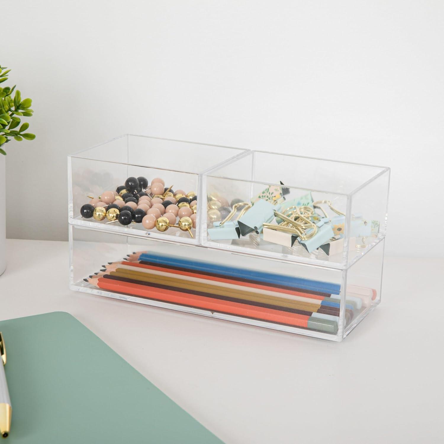 imageMartha Stewart Brody Desktop Storage Organizer Stack and Slide Plastic Organizer Tray Organizer for Office Kitchen or Vanity 3 x 375 Clear3 x 375 2 3 x 75 1