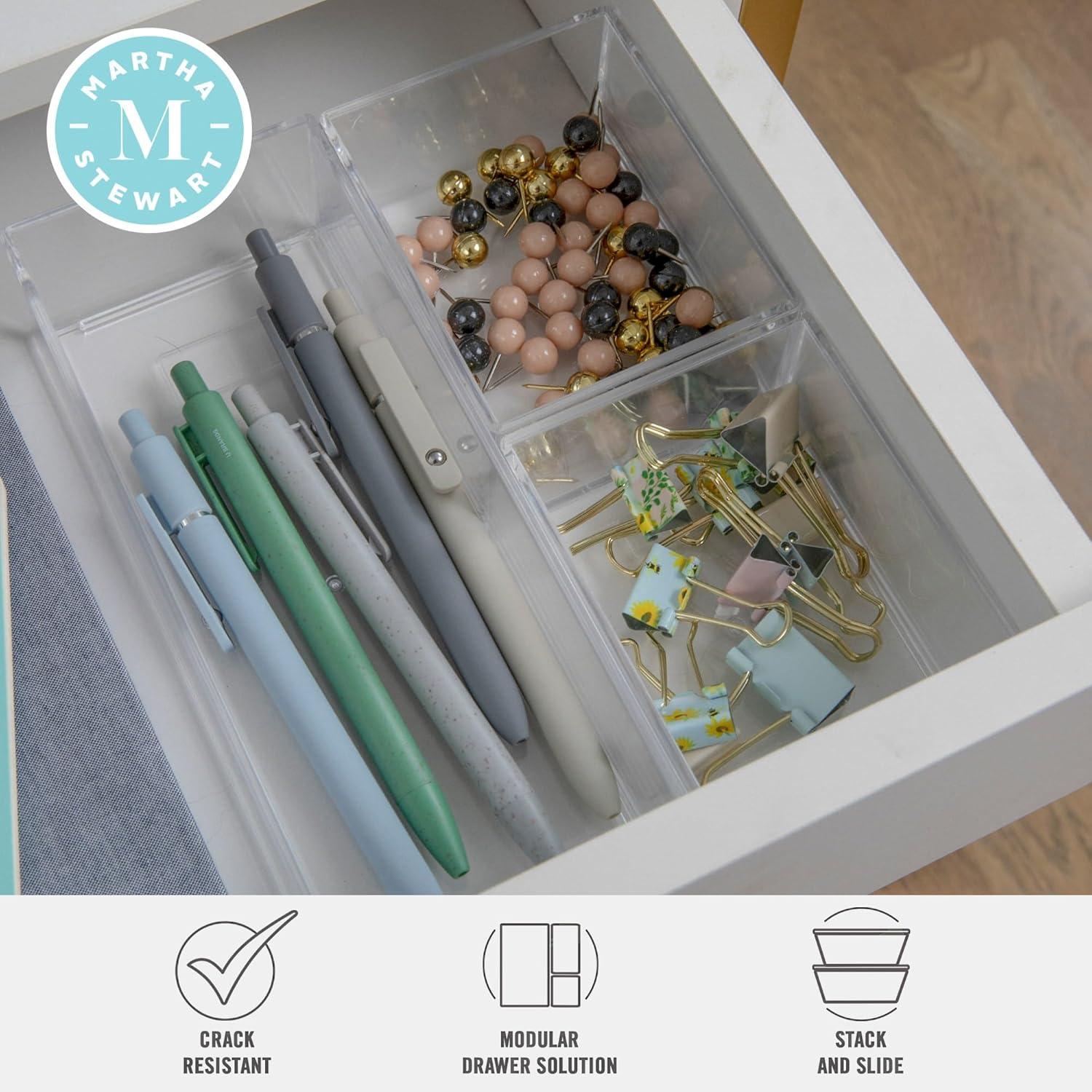 imageMartha Stewart Brody Desktop Storage Organizer Stack and Slide Plastic Organizer Tray Organizer for Office Kitchen or Vanity 3 x 375 Clear3 x 375 2 3 x 75 1