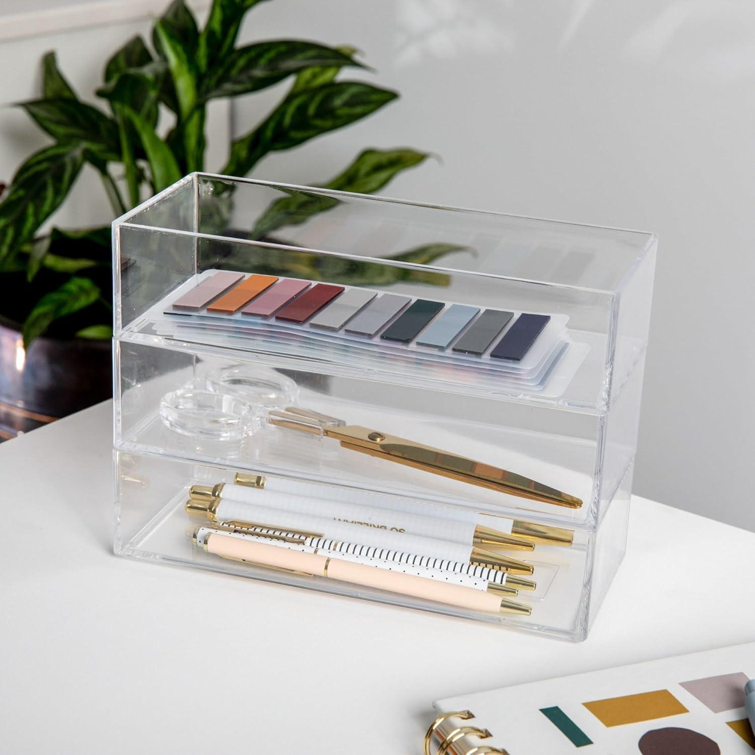 imageMartha Stewart Brody Desktop Storage Organizer Stack and Slide Plastic Organizer Tray Organizer for Office Kitchen or Vanity 3 x 375 Clear3 x 75 1
