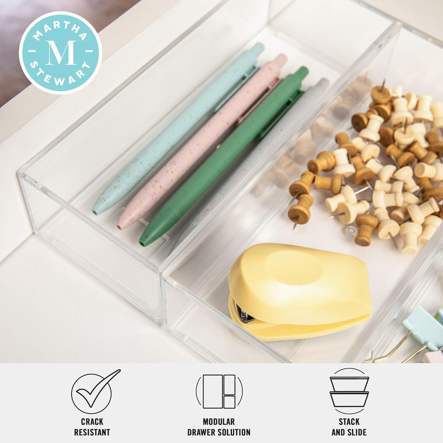 imageMartha Stewart Brody Desktop Storage Organizer Stack and Slide Plastic Organizer Tray Organizer for Office Kitchen or Vanity 3 x 375 Clear3 x 75 1