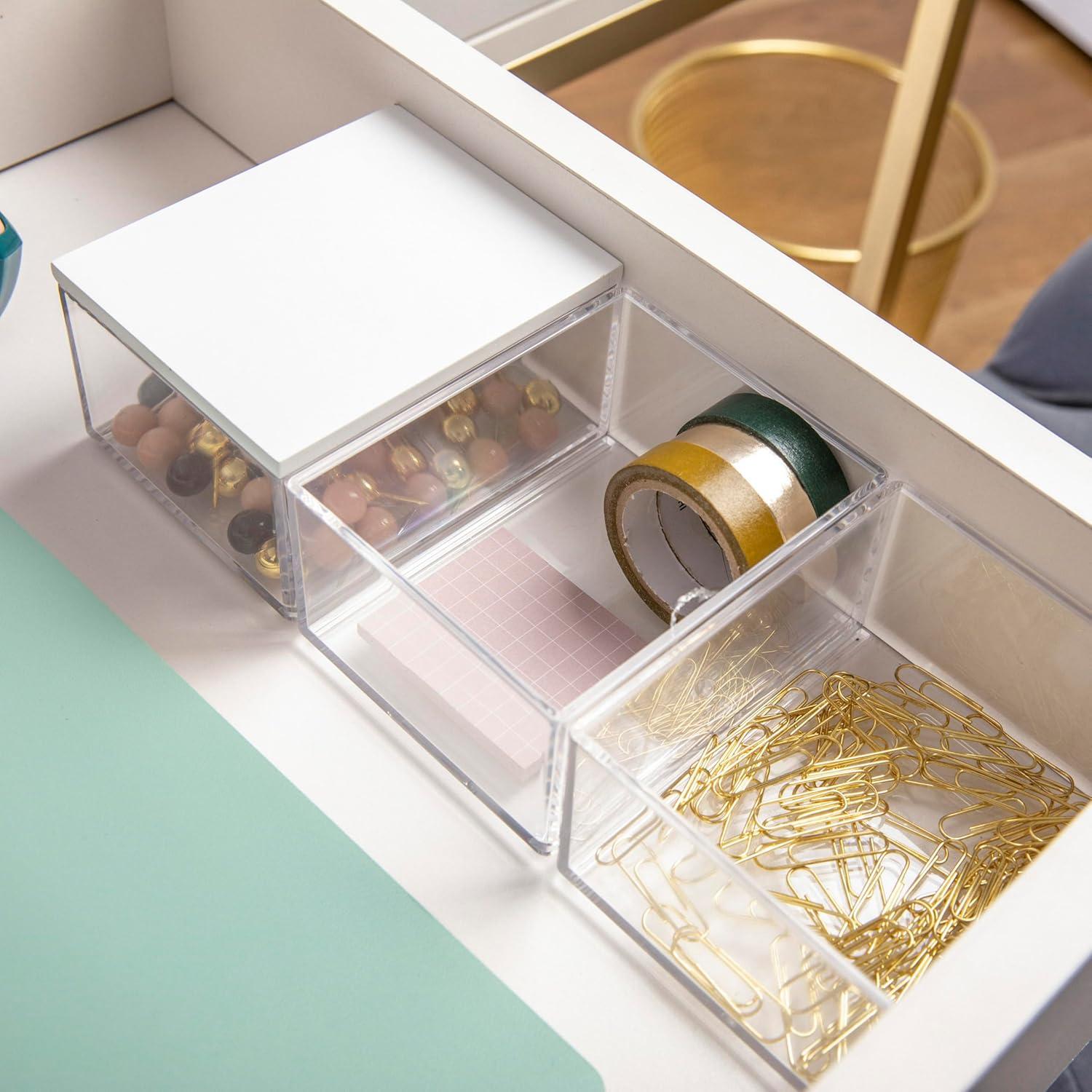 imageMartha Stewart Brody Plastic Storage Organizer Bins with Engineered Wood Lid for Home Office Kitchen or Bathroom 3 Pack Small 375 x 3 ClearWhite