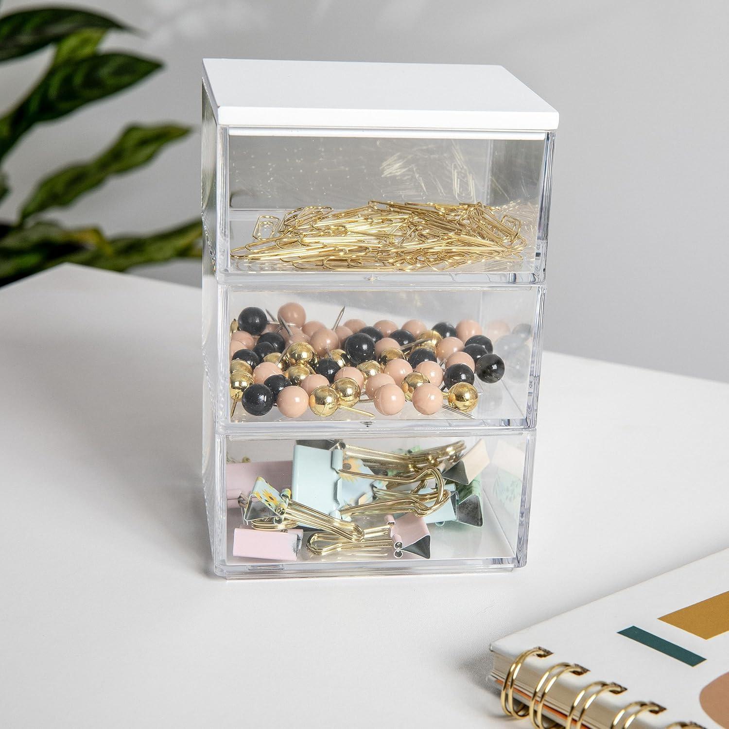 imageMartha Stewart Brody Plastic Storage Organizer Bins with Engineered Wood Lid for Home Office Kitchen or Bathroom 3 Pack Small 375 x 3 ClearWhite