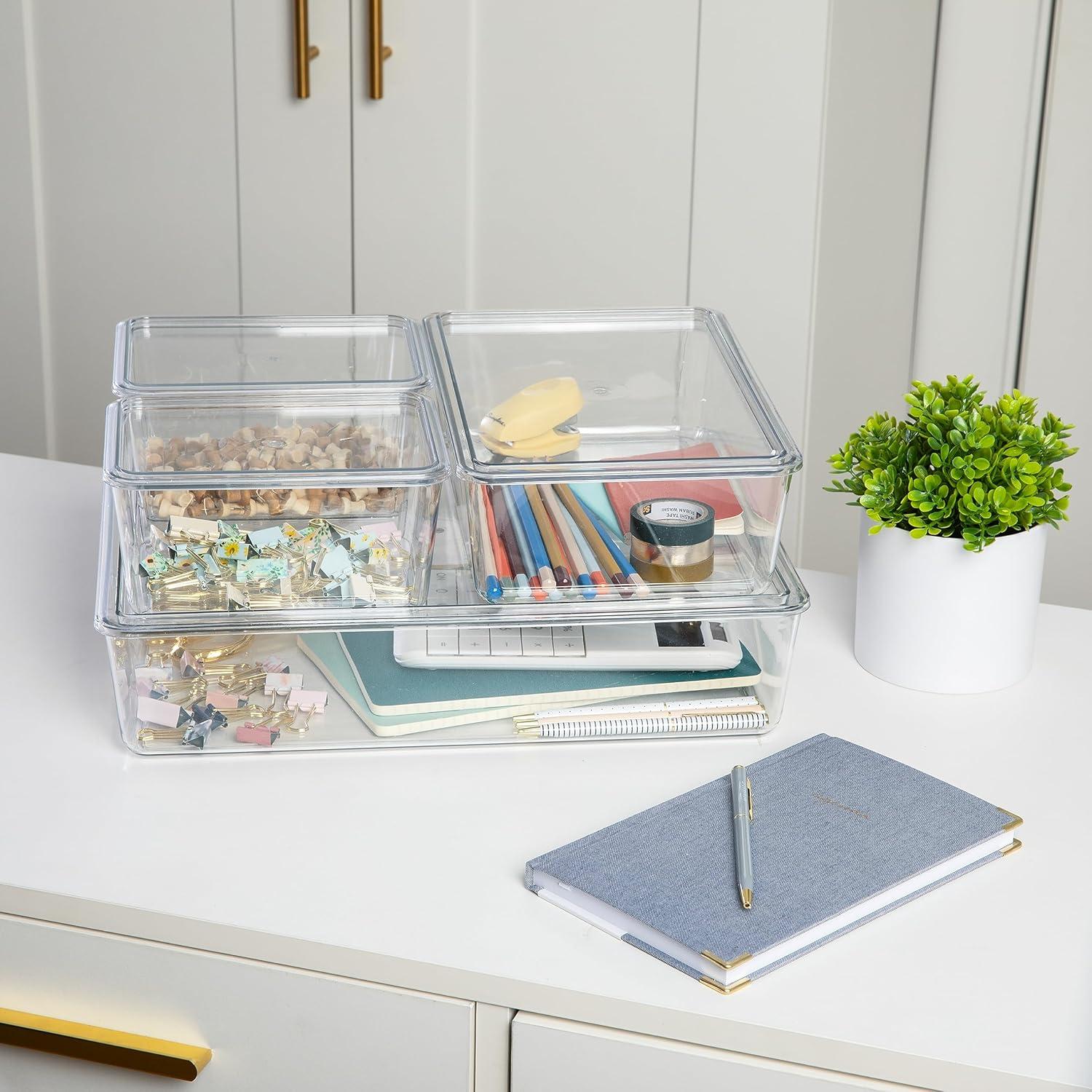 imageMartha Stewart Brody Plastic Storage Organizer Bins with Lids for Home Office Kitchen or Bathroom 4 Pack 2Small1Medium 1 Large ClearWhiteSet of 1 Pack of 2