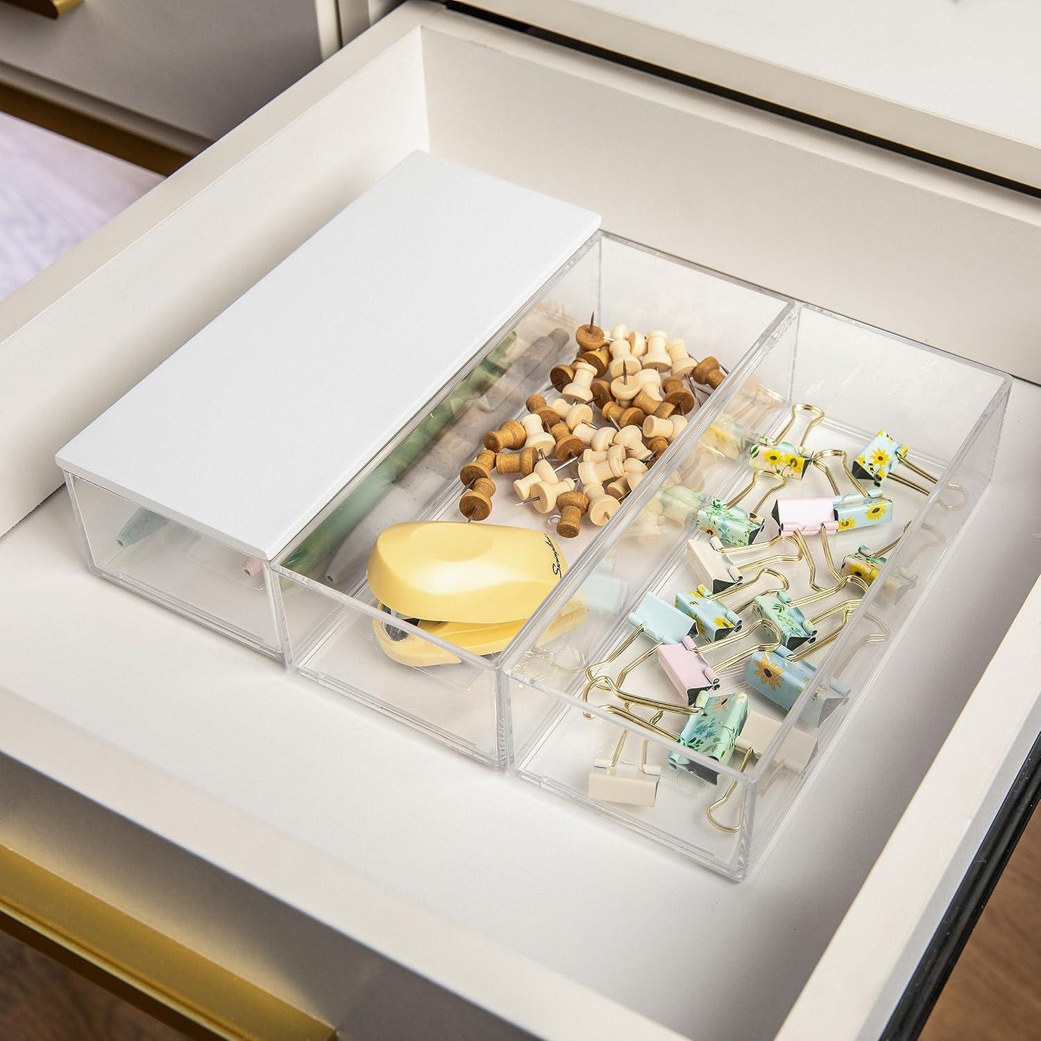 imageMartha Stewart Brody Plastic Storage Organizer Bins with Paulownia Wood Lid for Home OfficeKitchen orBathroom 3 Pack Small 375 x 3 ClearLight NaturalClearWhite