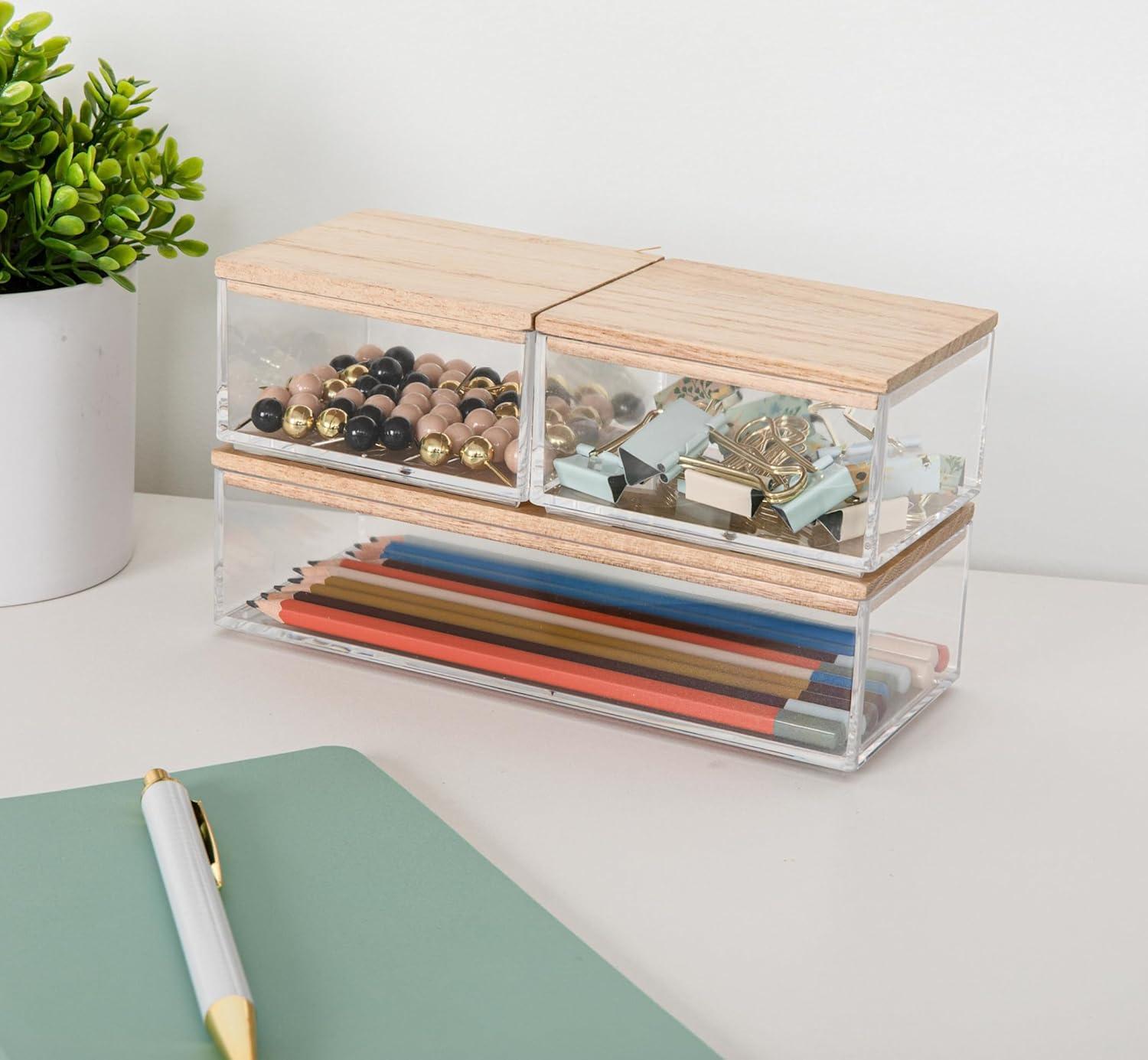 imageMartha Stewart Brody Plastic Storage Organizer Bins with Paulownia Wood Lid for Home OfficeKitchen orBathroom 3 Pack Small 375 x 3 ClearLight NaturalClearWhite