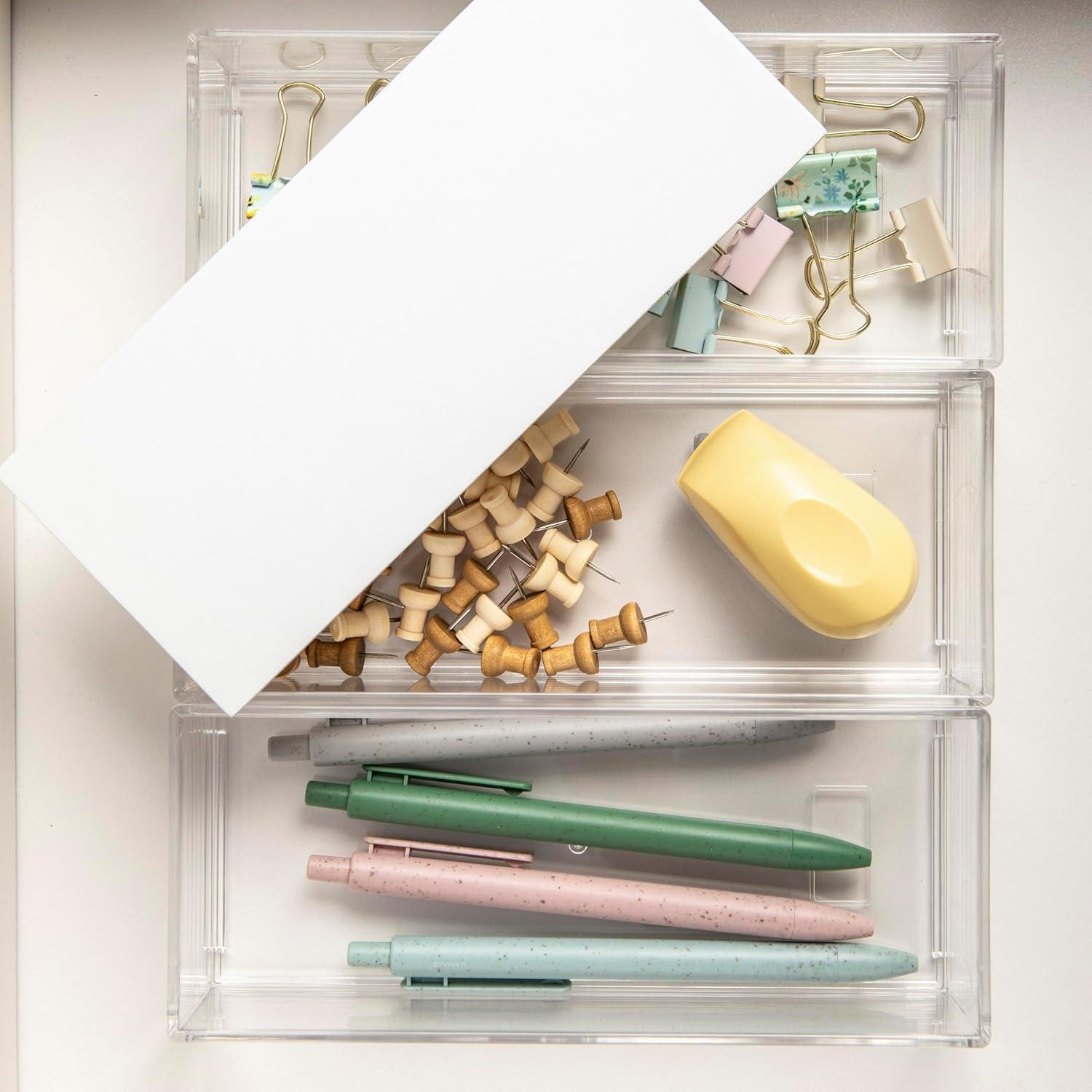 imageMartha Stewart Brody Plastic Storage Organizer Bins with Paulownia Wood Lid for Home OfficeKitchen orBathroom 3 Pack Small 375 x 3 ClearLight NaturalClearWhite