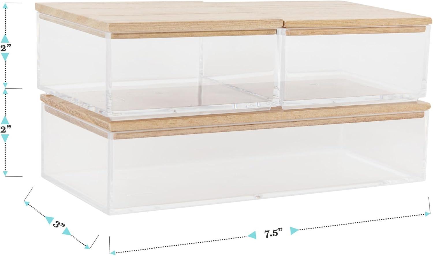 imageMartha Stewart Brody Plastic Storage Organizer Bins with Paulownia Wood Lid for Home OfficeKitchen orBathroom 3 Pack Small 375 x 3 ClearLight NaturalClearWhite