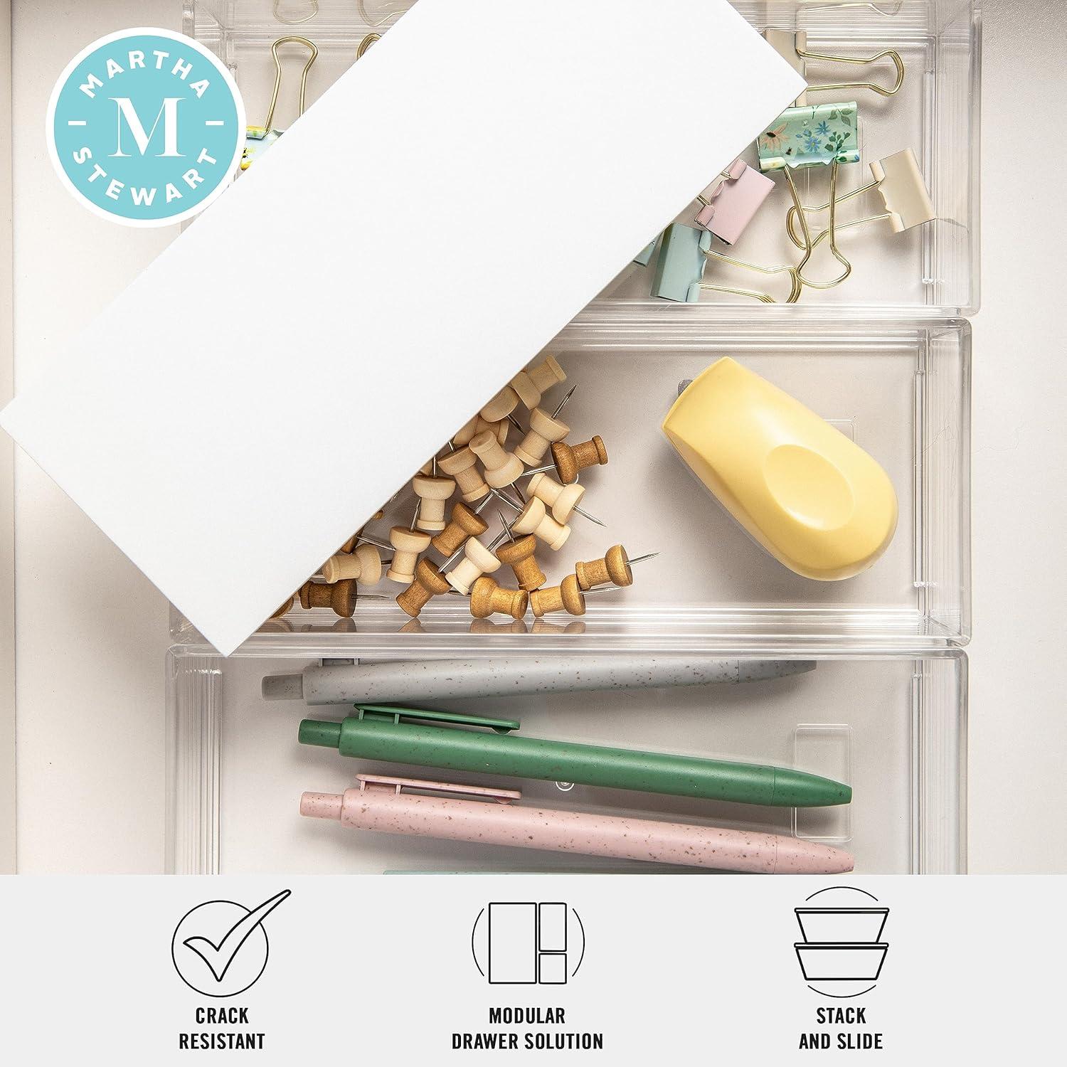 imageMartha Stewart Brody Plastic Storage Organizer Bins with Paulownia Wood Lid for Home OfficeKitchen orBathroom 3 Pack Small 375 x 3 ClearLight NaturalClearWhite