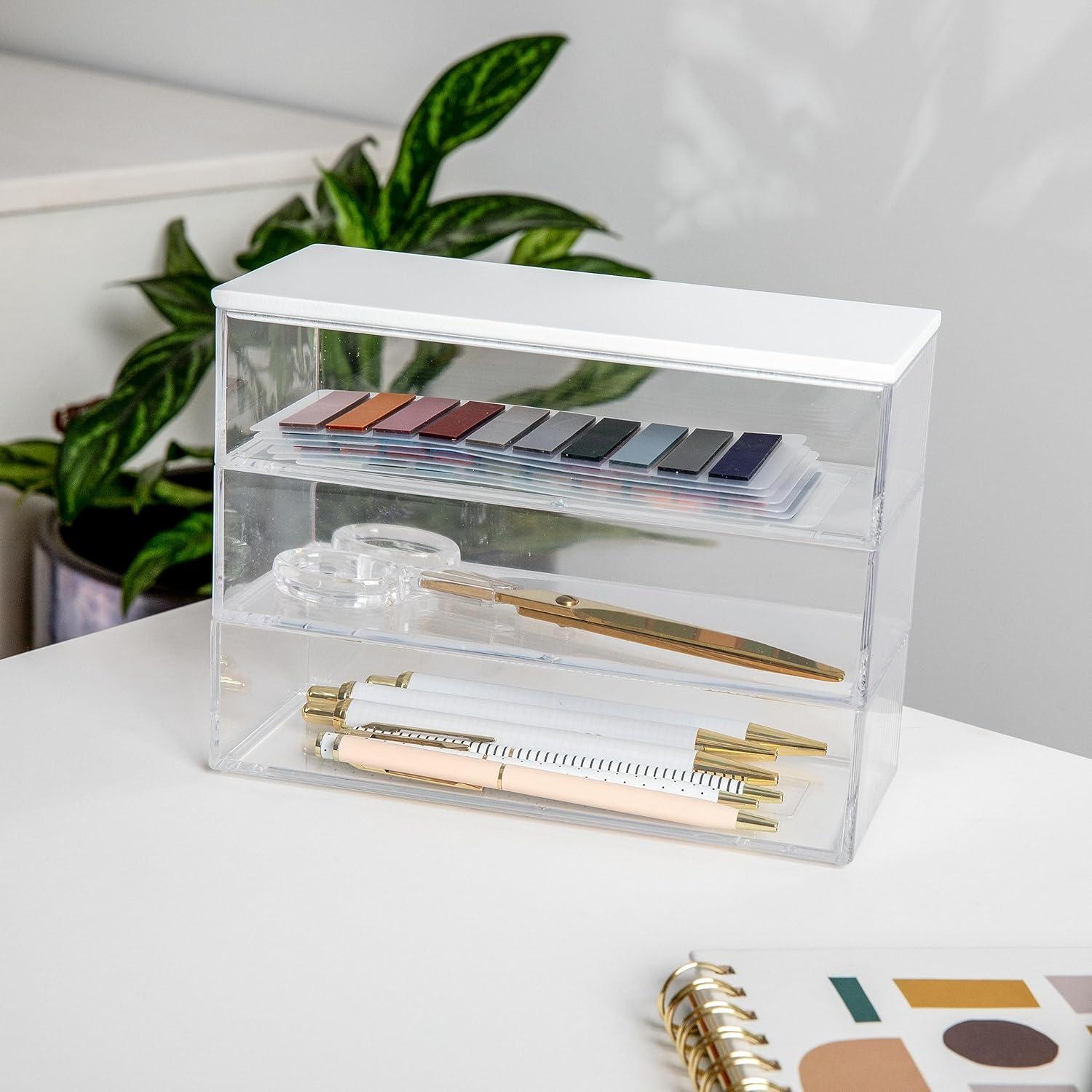 imageMartha Stewart Brody Plastic Storage Organizer Bins with Paulownia Wood Lid for Home OfficeKitchen orBathroom 3 Pack Small 375 x 3 ClearLight NaturalClearWhite