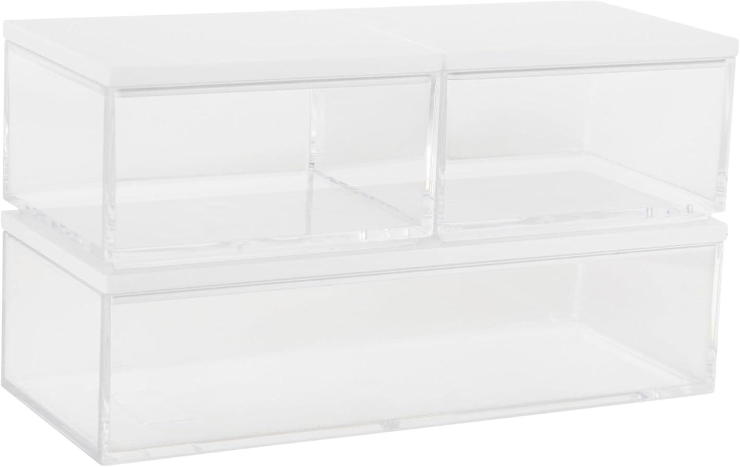 imageMartha Stewart Brody Plastic Storage Organizer Bins with Paulownia Wood Lid for Home OfficeKitchen orBathroom 3 Pack Small 375 x 3 ClearLight NaturalClearWhite
