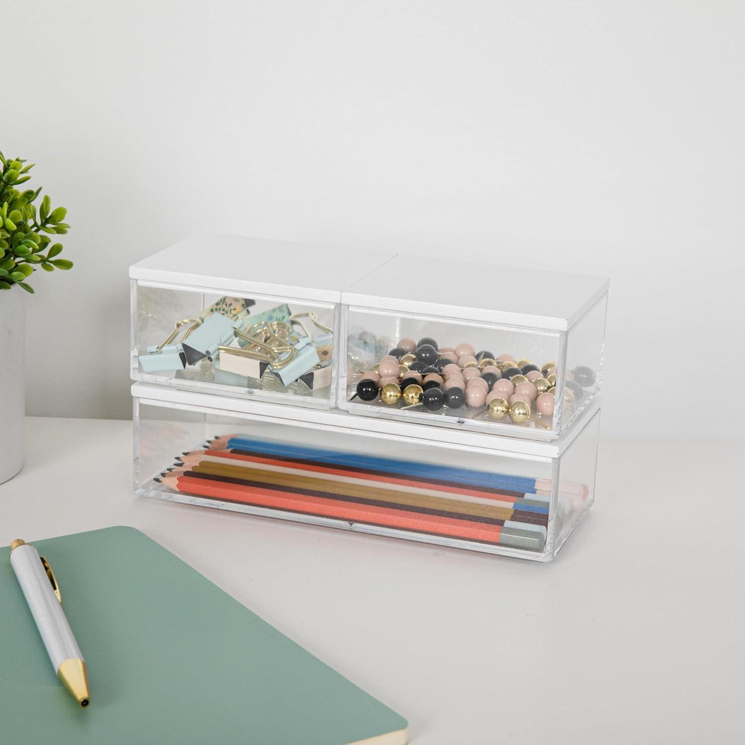 imageMartha Stewart Brody Plastic Storage Organizer Bins with Paulownia Wood Lid for Home OfficeKitchen orBathroom 3 Pack Small 375 x 3 ClearLight NaturalClearWhite