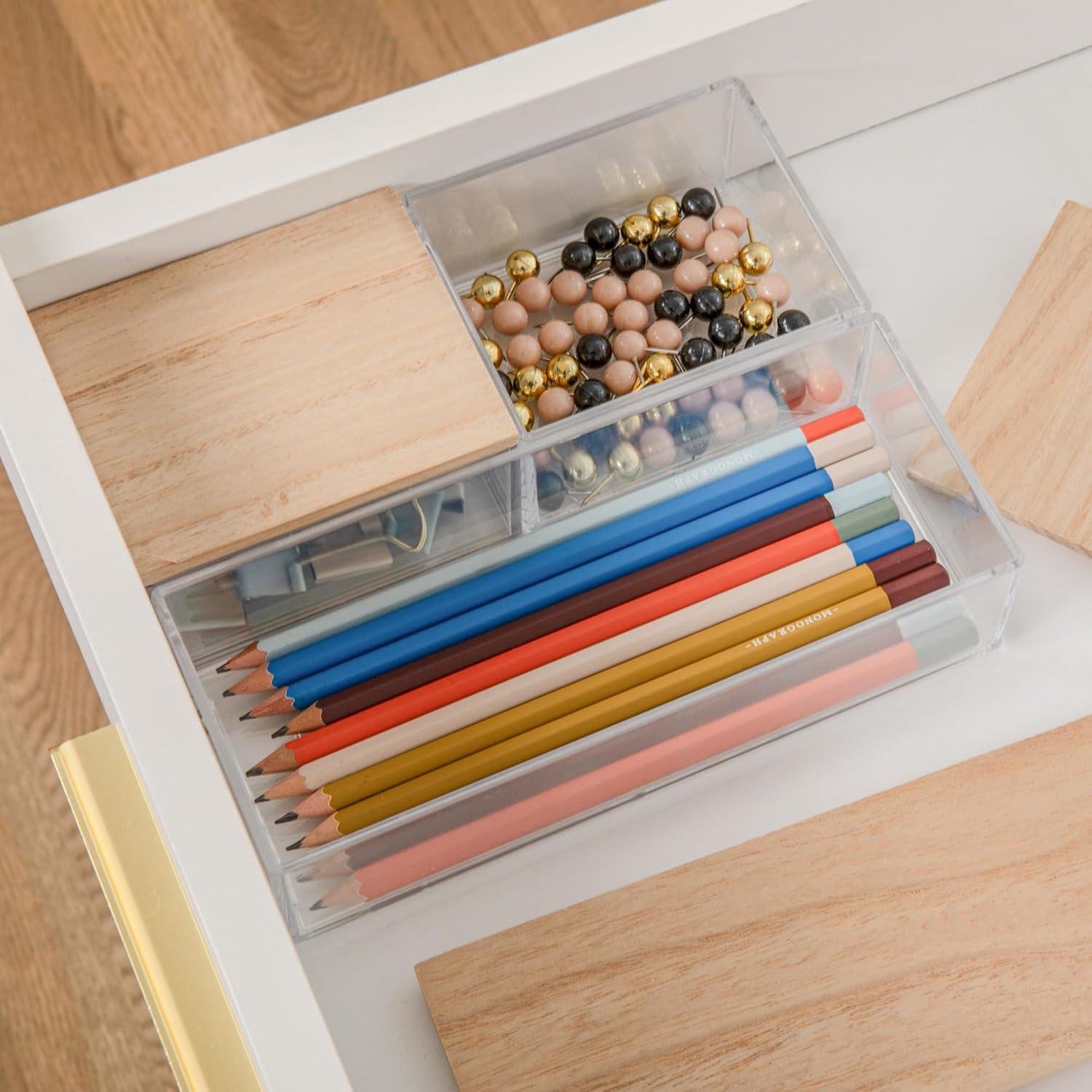 imageMartha Stewart Brody Plastic Storage Organizer Bins with Paulownia Wood Lid for Home OfficeKitchen orBathroom 3 Pack Small 375 x 3 ClearLight NaturalClearWhite