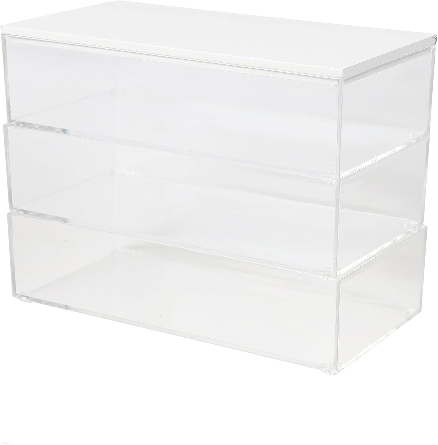 imageMartha Stewart Brody Plastic Storage Organizer Bins with Paulownia Wood Lid for Home OfficeKitchen orBathroom 3 Pack Small 375 x 3 ClearLight NaturalClearWhite