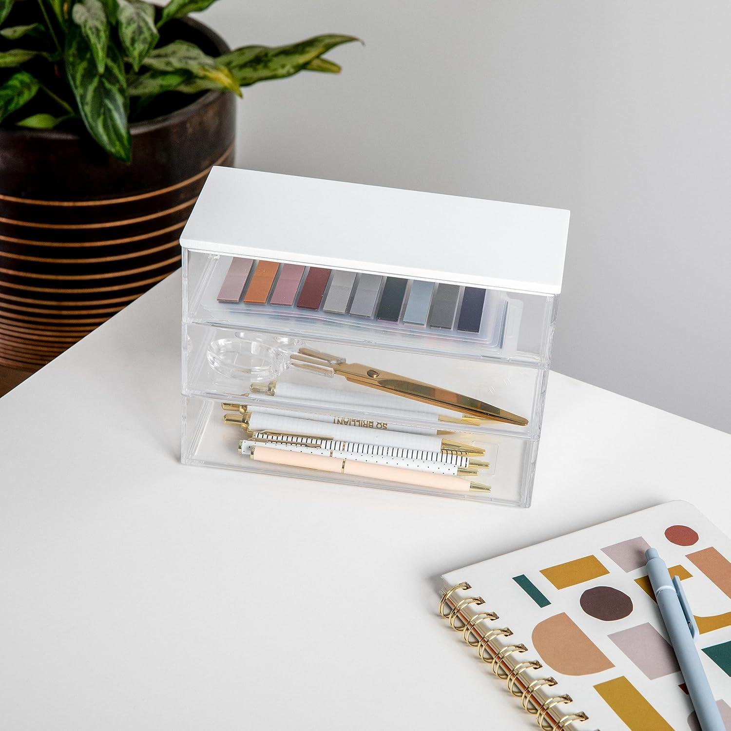 imageMartha Stewart Brody Plastic Storage Organizer Bins with Paulownia Wood Lid for Home OfficeKitchen orBathroom 3 Pack Small 375 x 3 ClearLight NaturalClearWhite