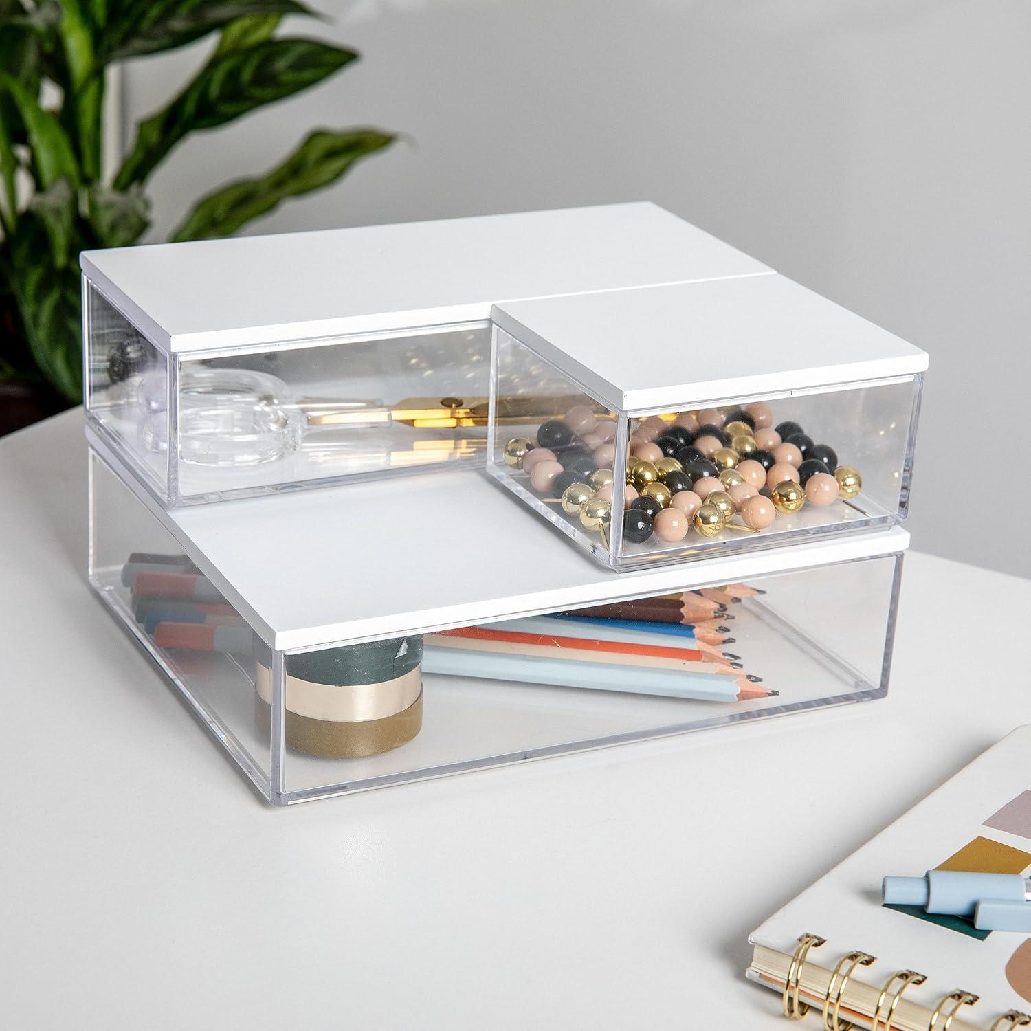 imageMartha Stewart Brody Plastic Storage Organizer Bins with Paulownia Wood Lid for Home OfficeKitchen orBathroom 3 Pack Small 375 x 3 ClearLight NaturalClearWhite