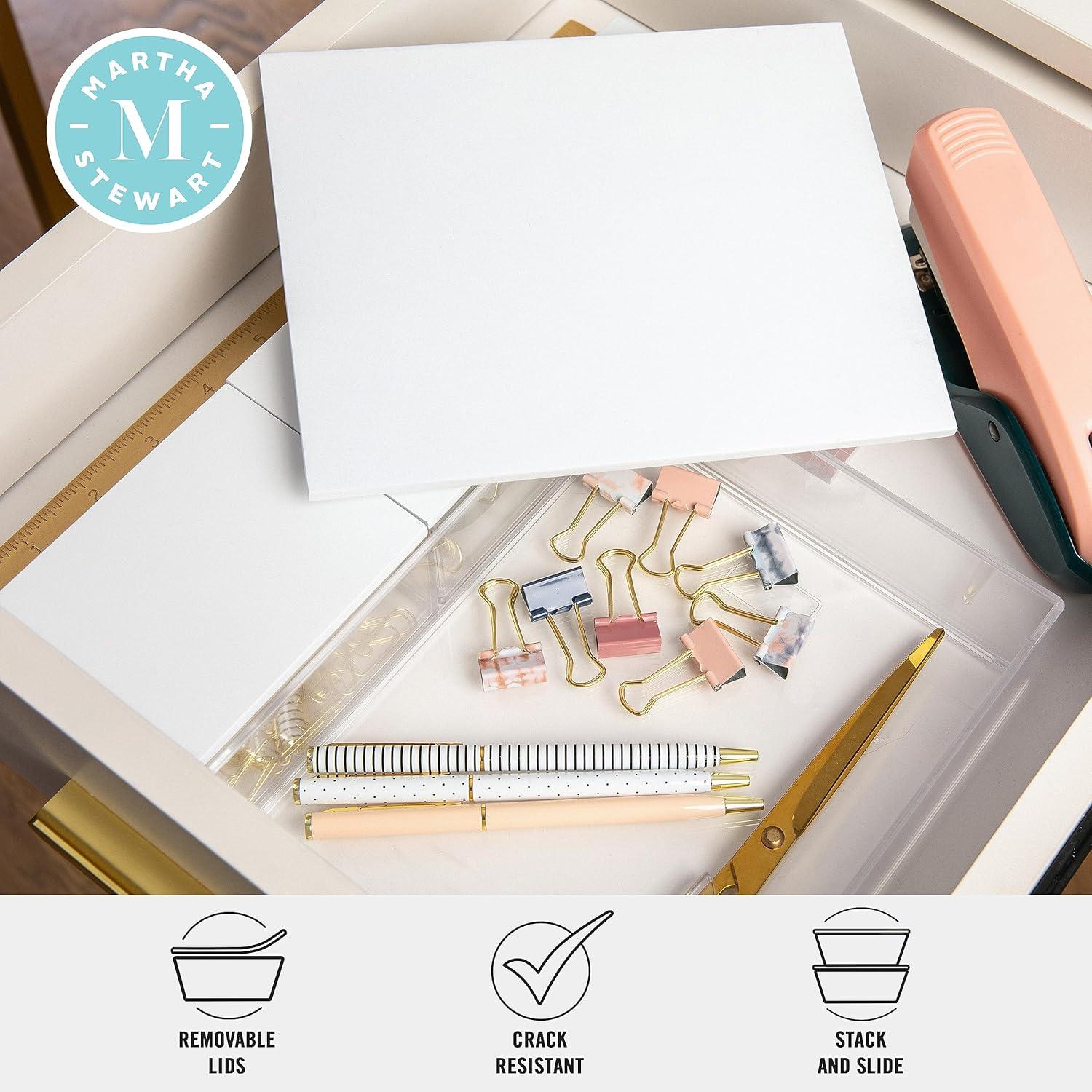 imageMartha Stewart Brody Plastic Storage Organizer Bins with Paulownia Wood Lid for Home OfficeKitchen orBathroom 3 Pack Small 375 x 3 ClearLight NaturalClearWhite