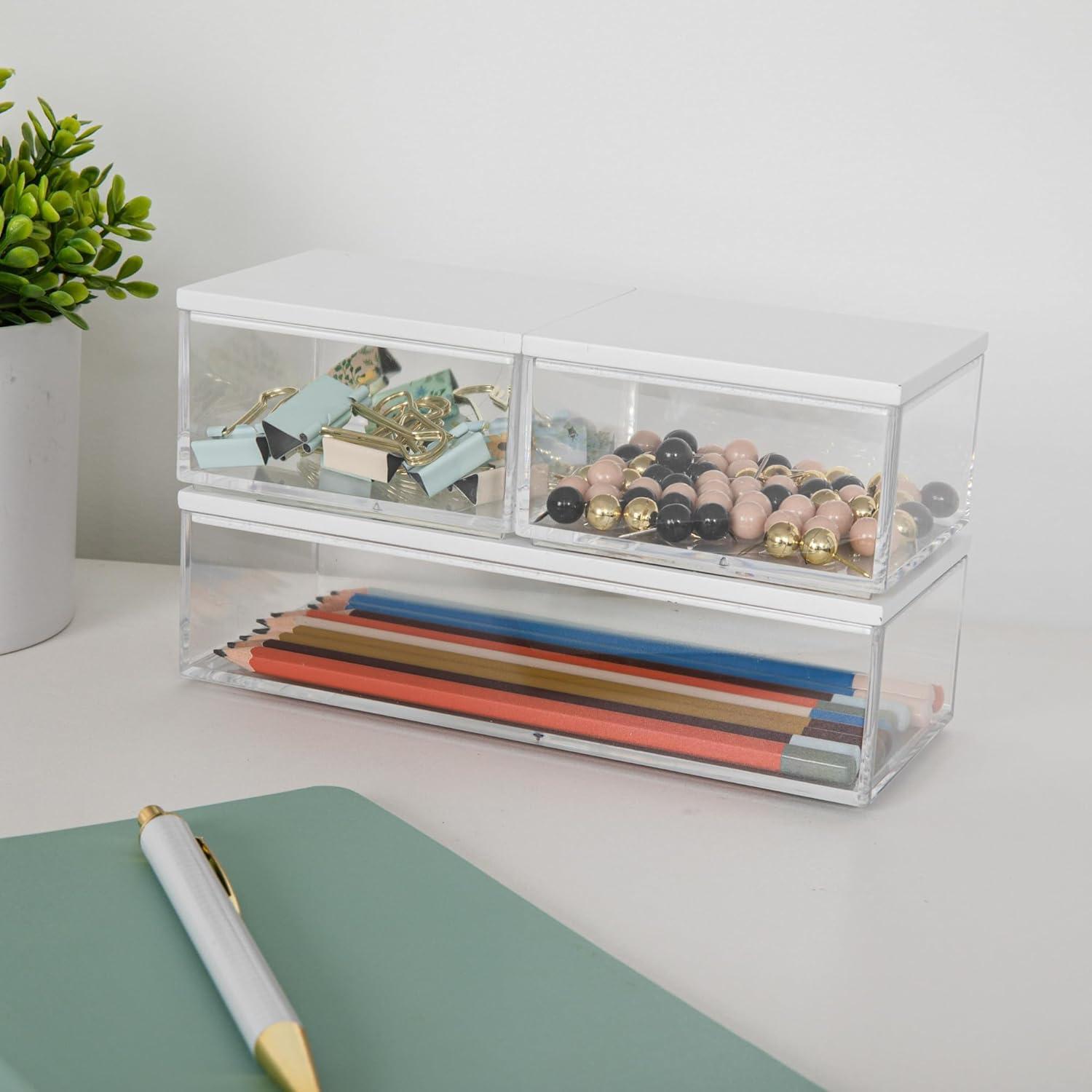 imageMartha Stewart Brody Plastic Storage Organizer Bins with Paulownia Wood Lid for Home OfficeKitchen orBathroom 3 Pack Small 375 x 3 ClearLight NaturalClearWhite