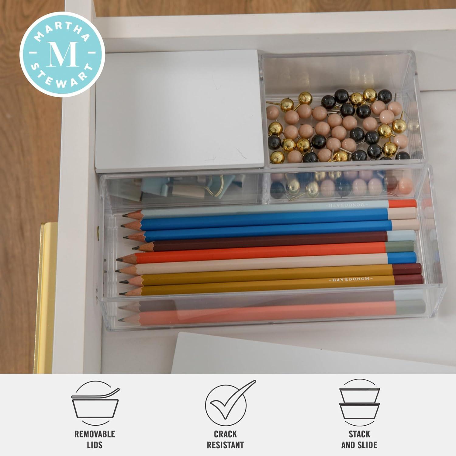 imageMartha Stewart Brody Plastic Storage Organizer Bins with Paulownia Wood Lid for Home OfficeKitchen orBathroom 3 Pack Small 375 x 3 ClearLight NaturalClearWhite