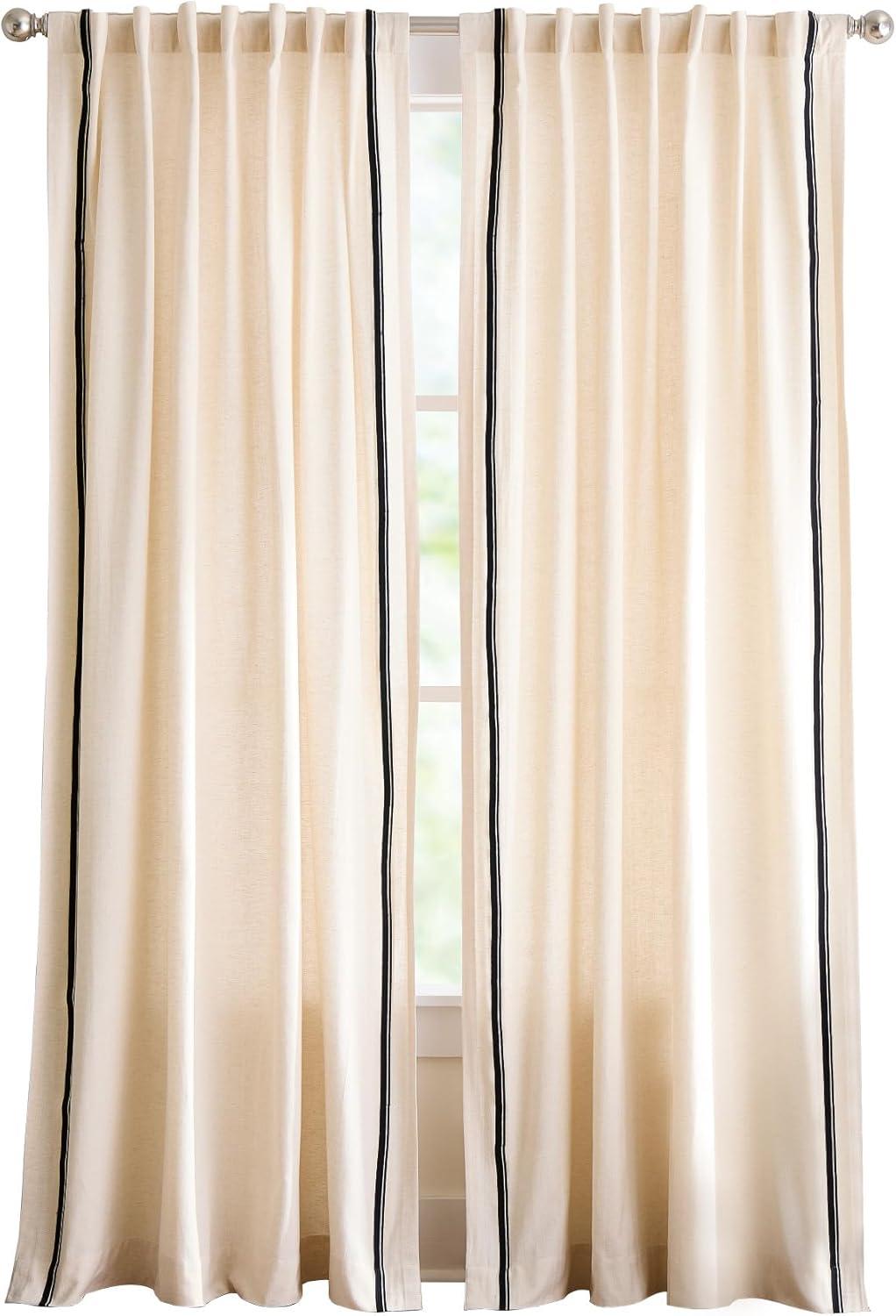 imageMartha Stewart Cream Light Filtering Window Curtains for Living Room 50 x 84 Set of 2 Back Tab Panels Embroidered Stripe LinenLinen