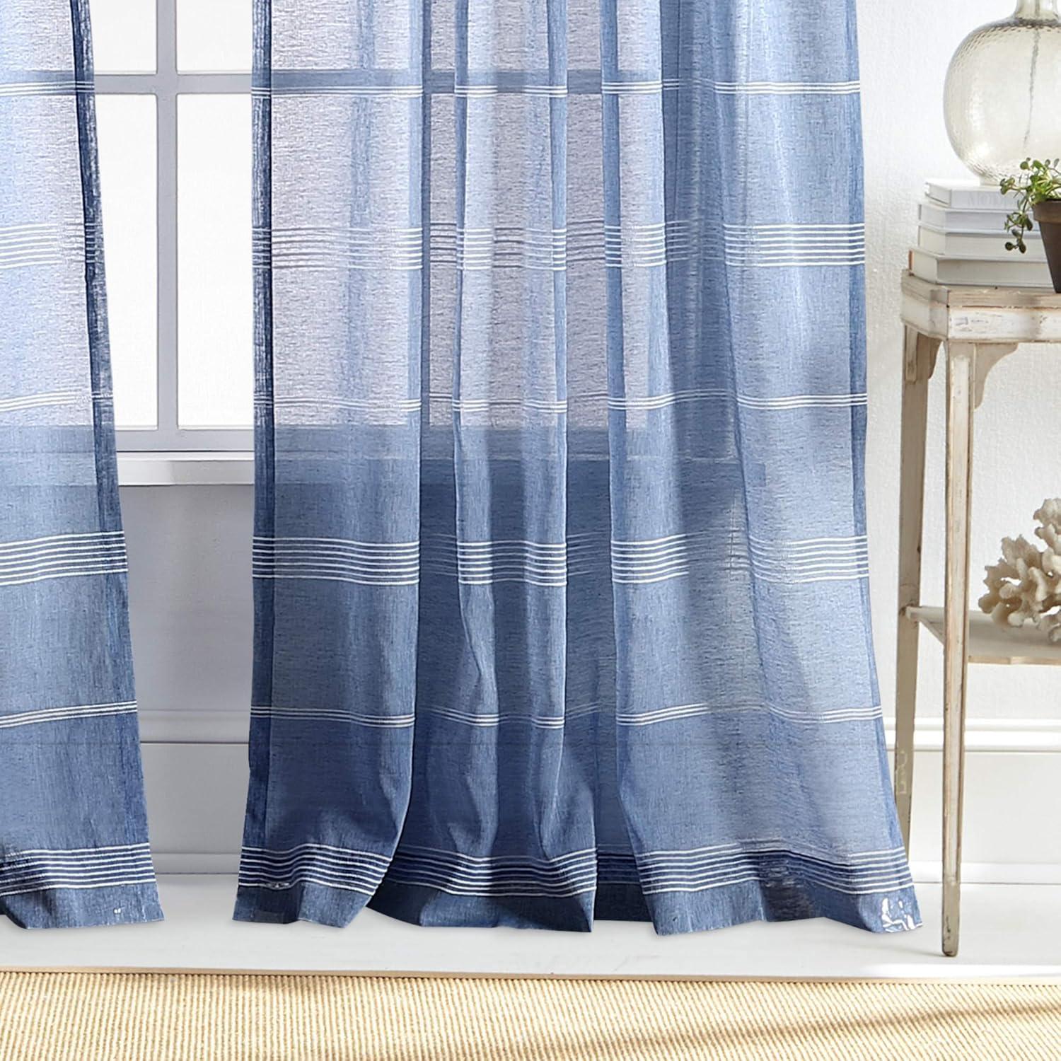 imageMartha Stewart Delicate Stripe Sheer Rod Pocket Window Curtain Panel Pair for Living Room 95 IndigoIndigo