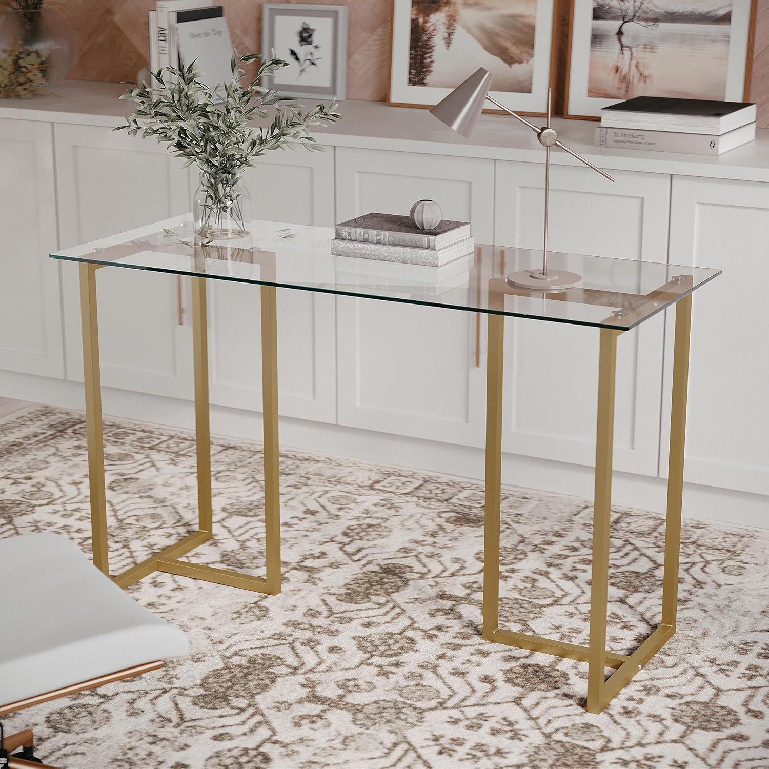 imageMartha Stewart Eli Home Office Desk with Glass Top and Steel Frame Oil Rubbed BronzeClear TopPolished Brass Frame