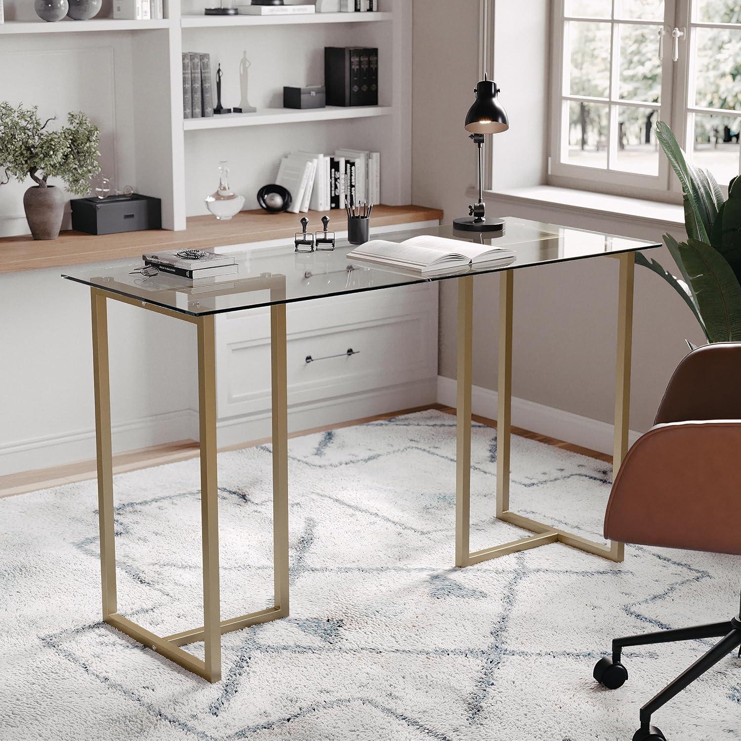imageMartha Stewart Eli Home Office Desk with Glass Top and Steel Frame Oil Rubbed BronzeClear TopPolished Brass Frame