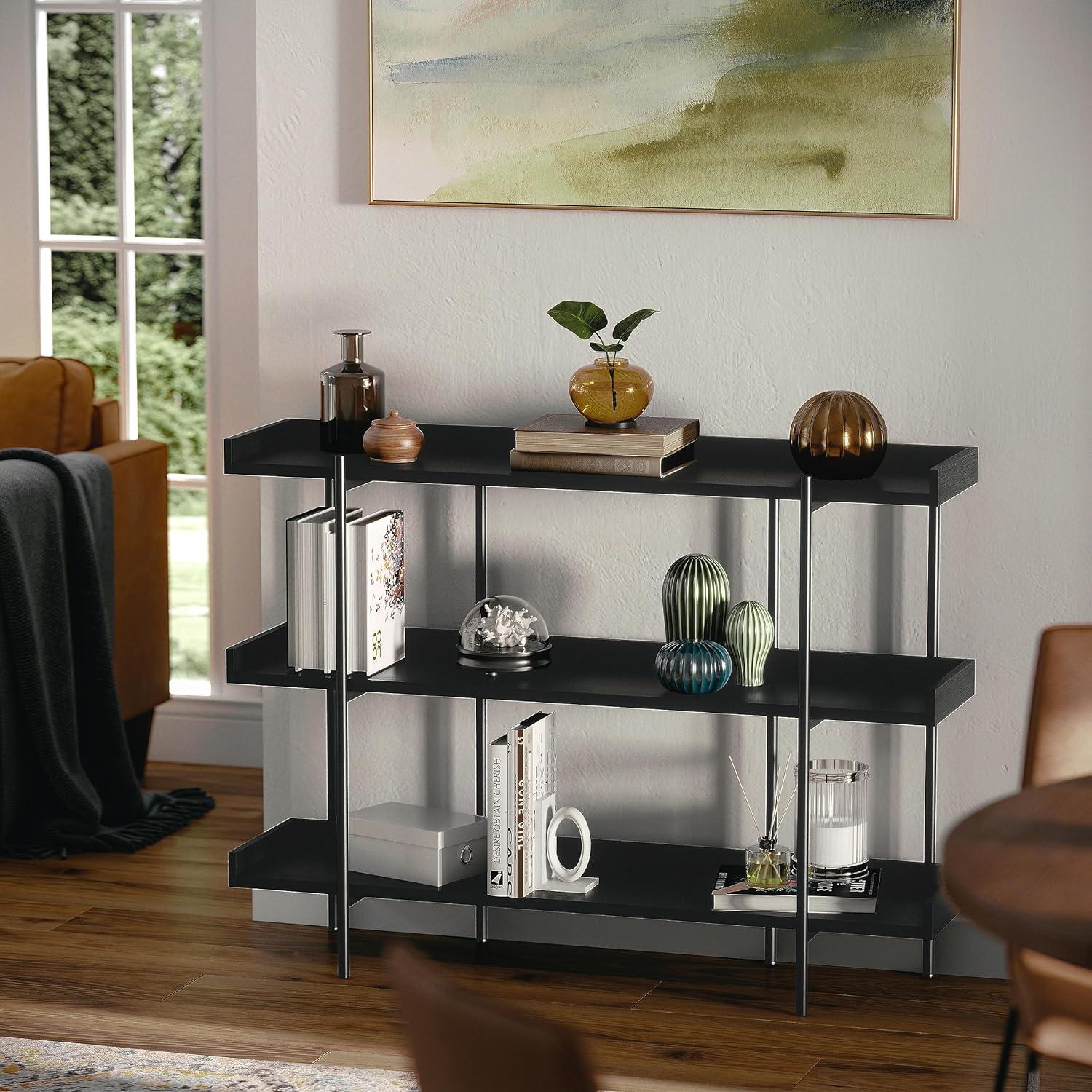 imageMartha Stewart Emmett 3 Shelf Bookcase with Vertical Metal Frame Home Office Storage Display Unit 35 H Walnut Wood GrainPolished BrassBlack Wood GrainOil Rubbed Bronze Frame